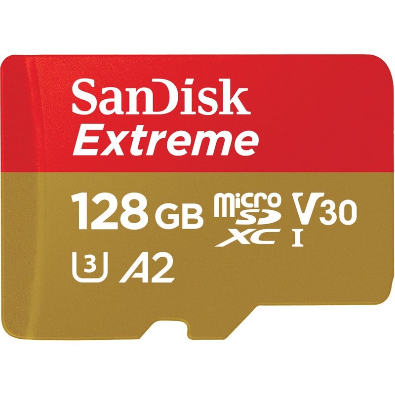 SANDISK Extreme microSDXC card 128GB + SD Adapter (for Action Cams and Drones, up to 190 MB/s, with A2 App Performance, RescuePRO Deluxe, UHS-I, Class 10, U3, V30)