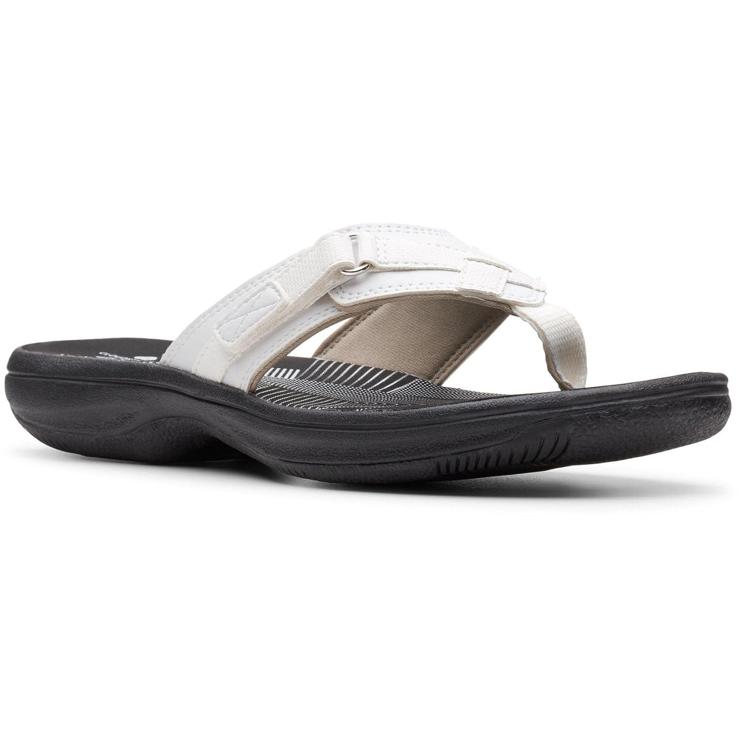 Clarks Womens Breeze Sea Flip-Flop Sandals - Comfortable Flip Flop with Adjustable Hook and Arch Support - Casual Summer Wearing Cloudsteppers for Everyday, White/Black, 8.5 UK