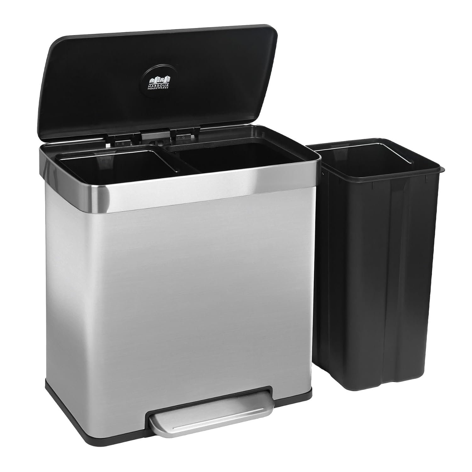 Harbour Housewares 60L Double Kitchen Pedal Bin – 2 x 30L Brushed Stainless Steel Recycling Waste Bin with Soft Close Lids, Dual Compartments & Removable Inner Buckets for Home & Office