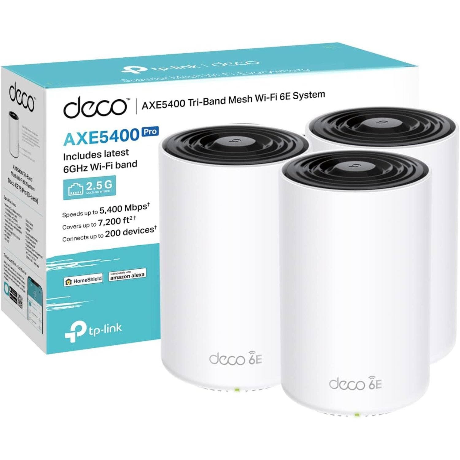 TP-Link Deco XE75 Pro(3-pack) AXE5400Mbps Mesh WiFi 6E System, True Tri-Band Speed, 2.5 Gbps Port, AI-Driven, Coverage up to 7200ft², WiFi Router and Extender Booster, Gaming & 4K, Easy Setup