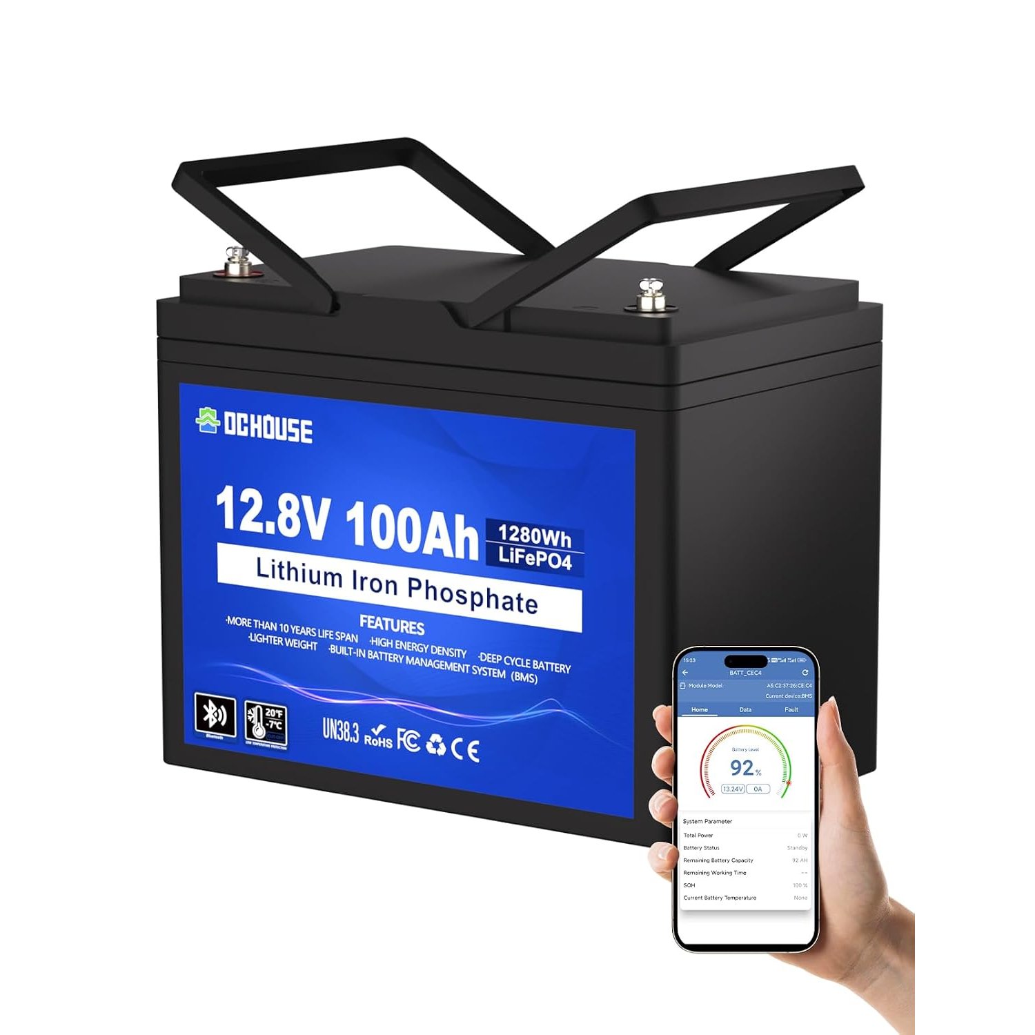 DCHOUSE 12V 100Ah Group 31 Bluetooth LiFePO4 Battery,Low-Temp Protection