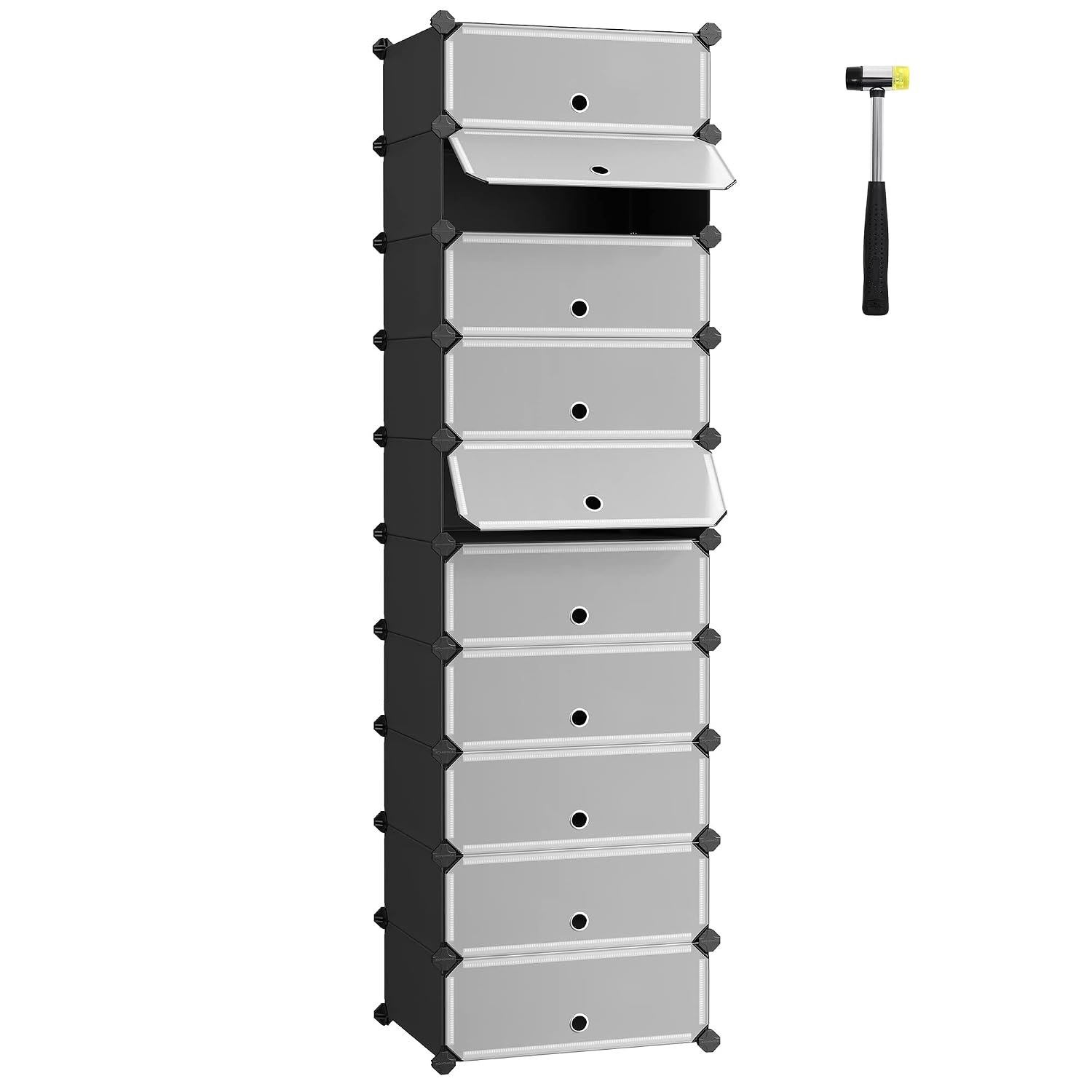 SONGMICS Interlocking Shoe Rack, Rectangular Storage Organiser, 10 Slot Modular DIY Storage Shelf Unit, 40 x 30 x 17 cm for Each Slot, Plastic Wardrobe with Doors, Black LPC10HV1