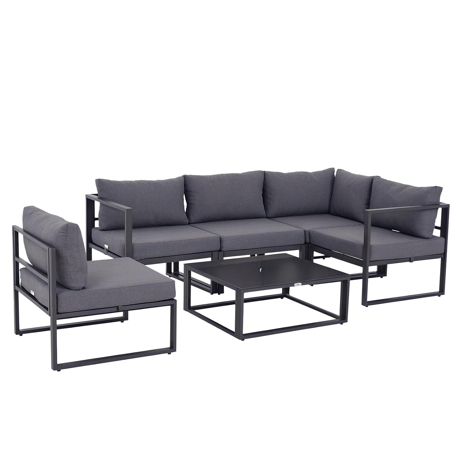 Outsunny 6 PCs Outdoor Indoor Sectional Corner Sofa Set Thick Padded Cushions Aluminium Frame 5 Seaters 1 Coffee Table Grey