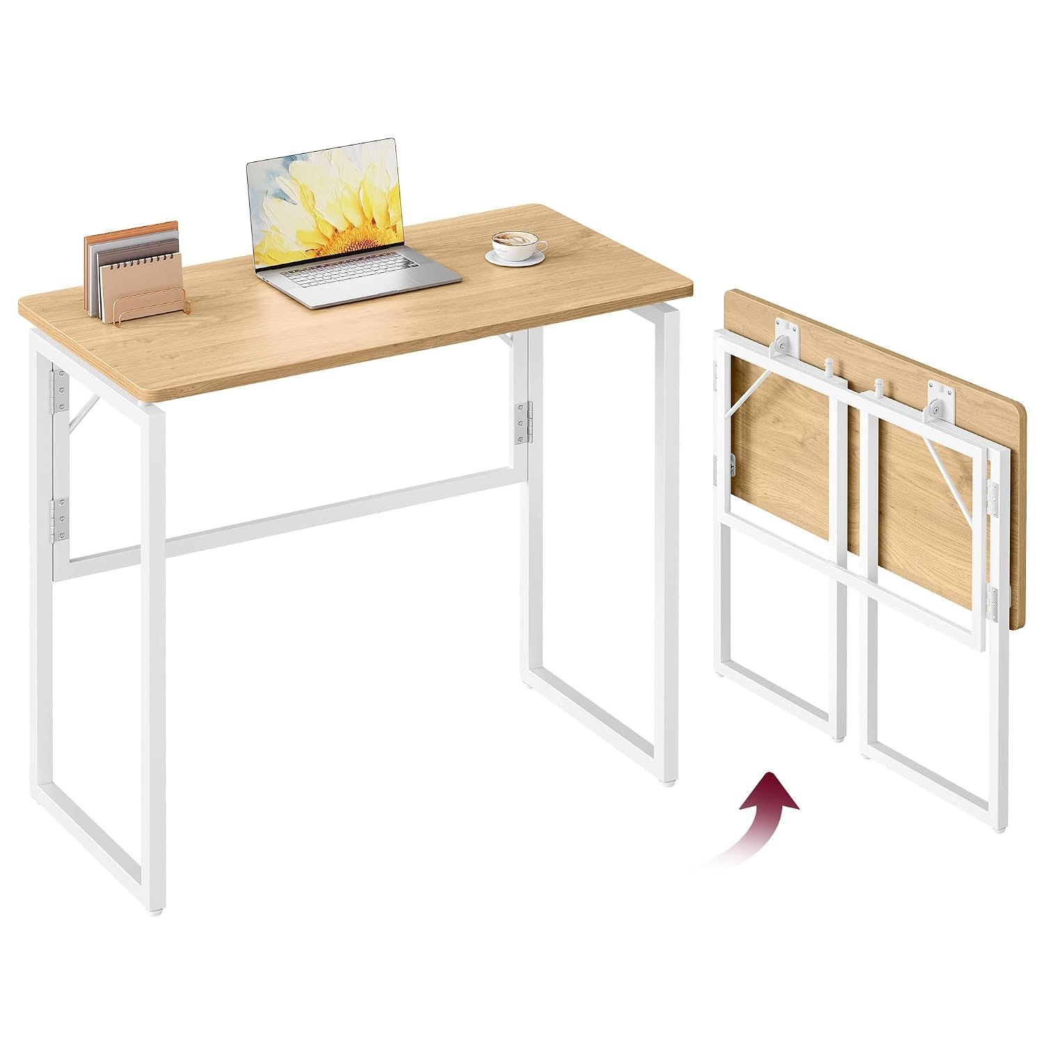 VASAGLE Folding Desk, Foldable Computer Desk, One-Piece Desktop Top, Rounded Edges, Small Home Office Writing Table for Bedroom, Balcony, Camping, Easy Assembly, 80 x 40 cm, Natural Oak LWD151YD01