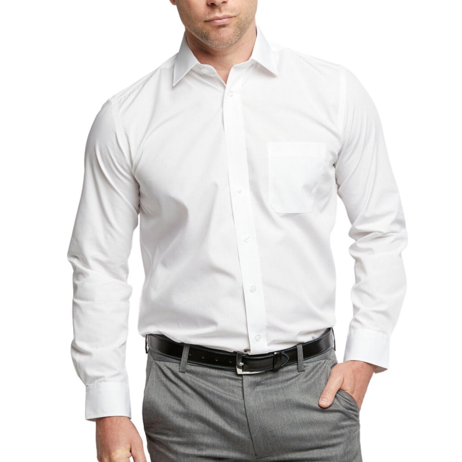 Double Two Men's Shirts Long Sleeve Smart Casual Regular Fit Wedding Work Cotton Blend Shirt White