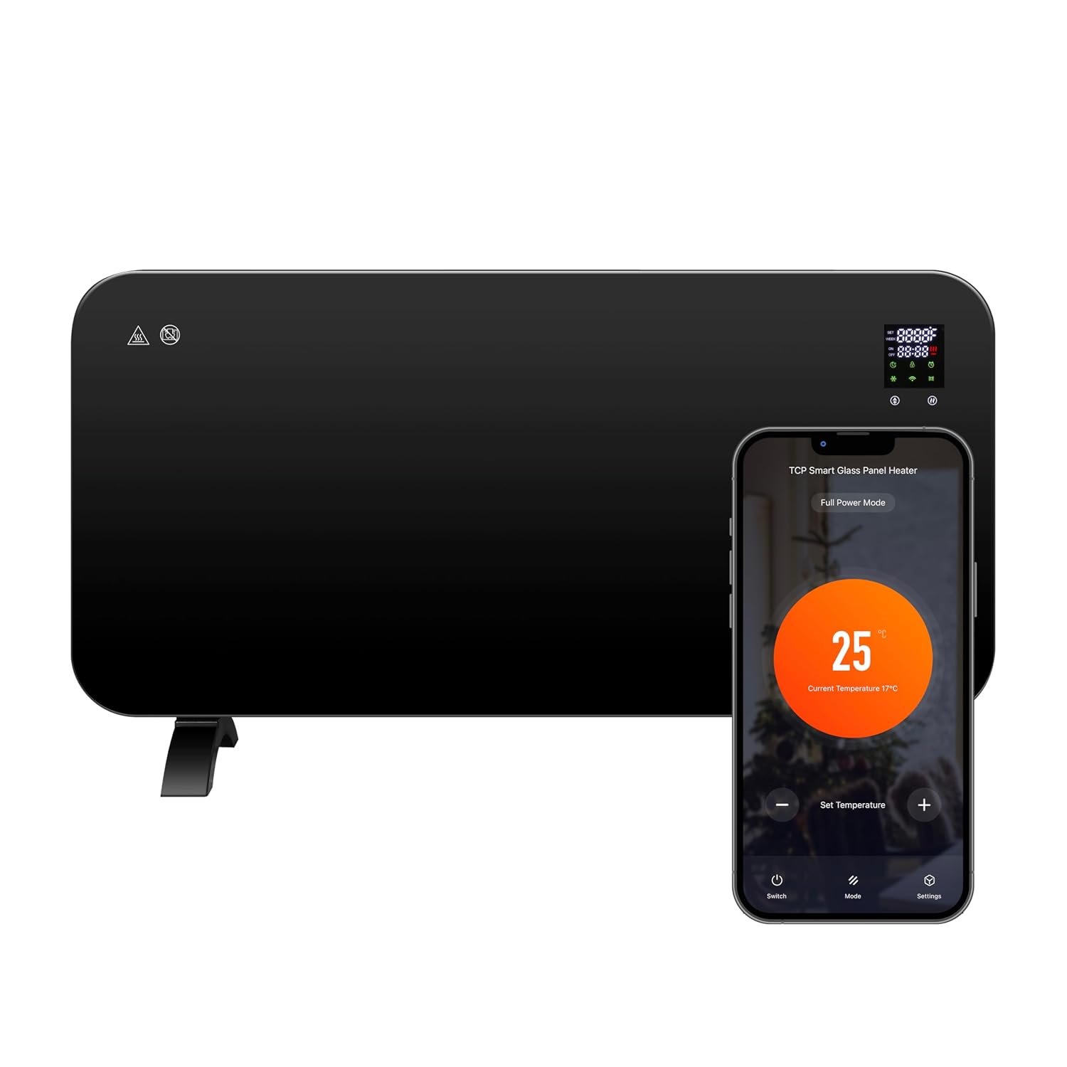 TCP Smart Glass Panel Heater 2000w Black with App, WiFi, 2 Heat Modes, Voice Control works with Alexa, Google Home & Siri Shortcuts, Wall Mounted or Portable, LED Display, Smart Schedules & Timers