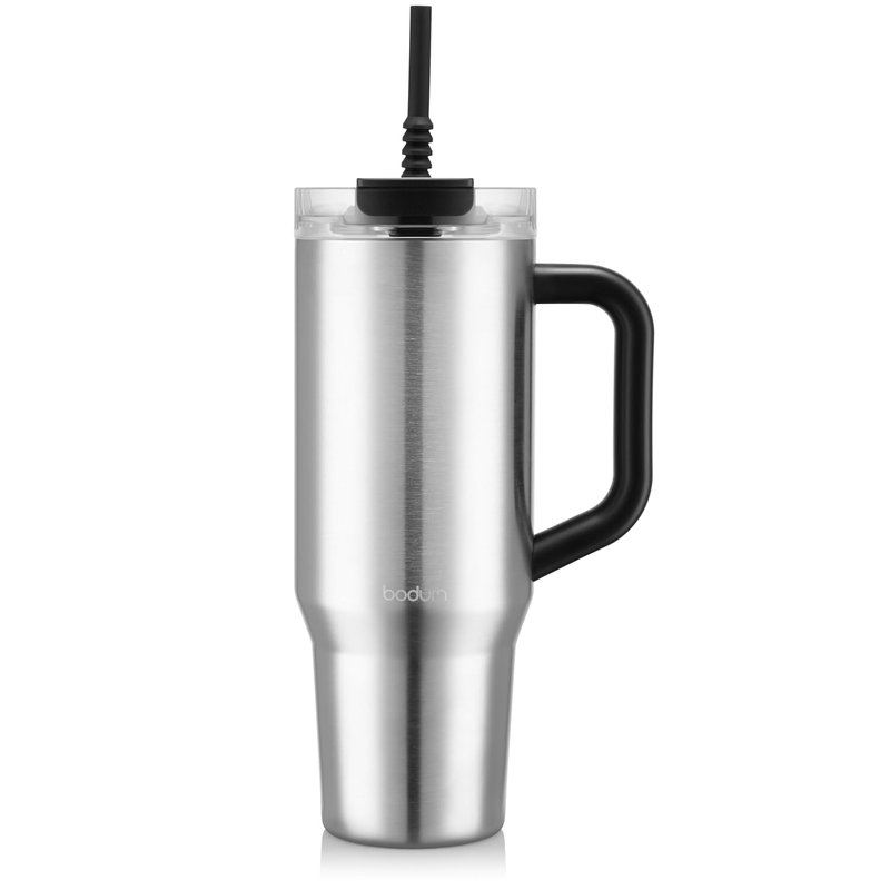 Bodum Travel Mug Tumbler 1.2 L Sleek Silver - Metal Water Bottle with Straw, Handle and Lid - Dishwasher Safe - for Cold Drinks and Warm Coffee