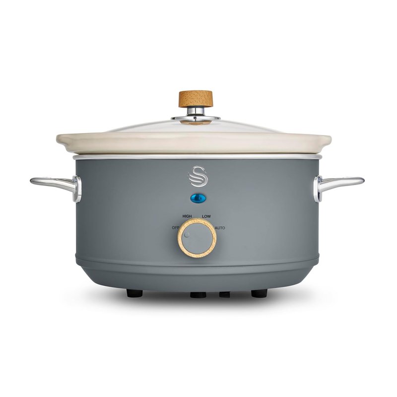 Swan Nordic Manual Slow Cooker, 3 Settings, Removable Dishwasher Safe Ceramic Pot and Glass Lid, Recipe Book Included, 3.5L (3-4 Servings), 200W, Grey, SF17021GRYN