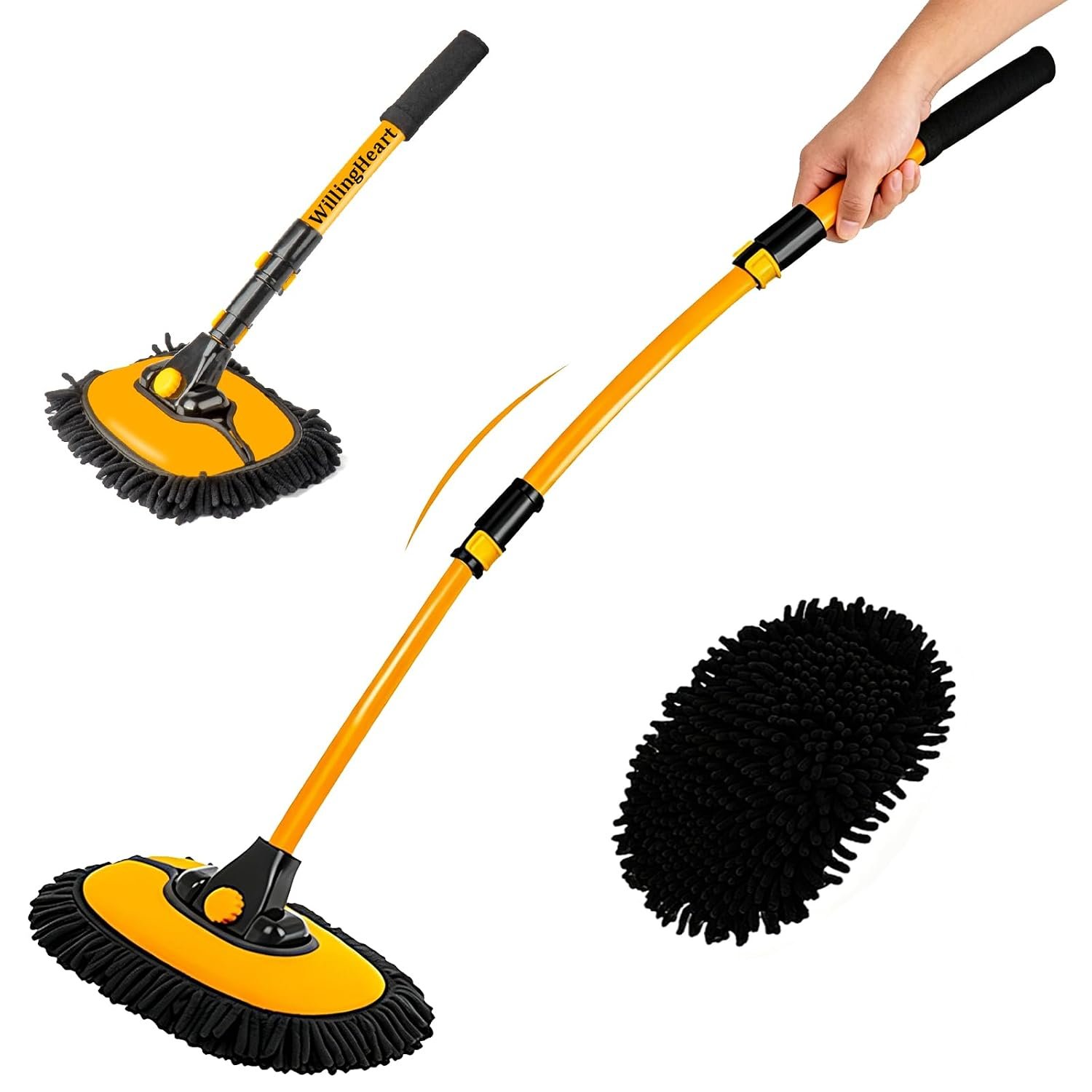 15° Curved Car Wash Brush with Telescopic Handle 43" Aluminum Alloy Long Rod Cleaning Mop for Caravan Van Truck Boat RV Roof Soft Chenille Head Duster Clean Product Not Hurt Paint Scratch Free