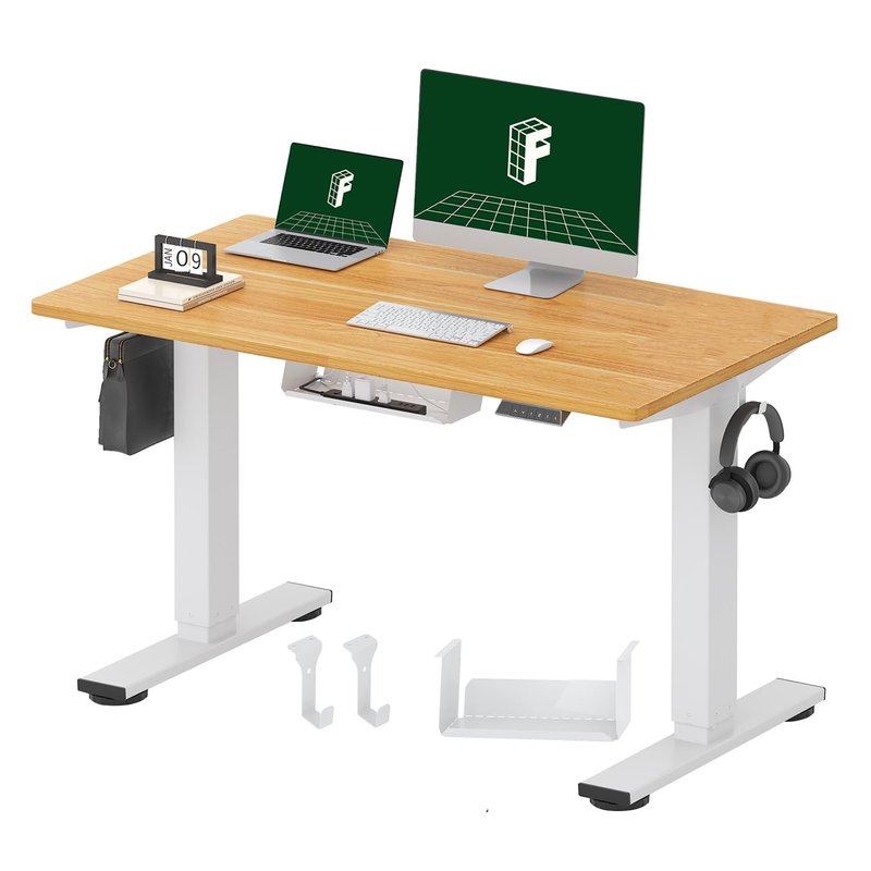 FLEXISPOT E1 Plus ONE PIECE Electric Standing Desk Height Adjustable 120 x 60cm, Sit Stand Desk with 4 Memory Smart Panel, White Frame+Maple Desktop