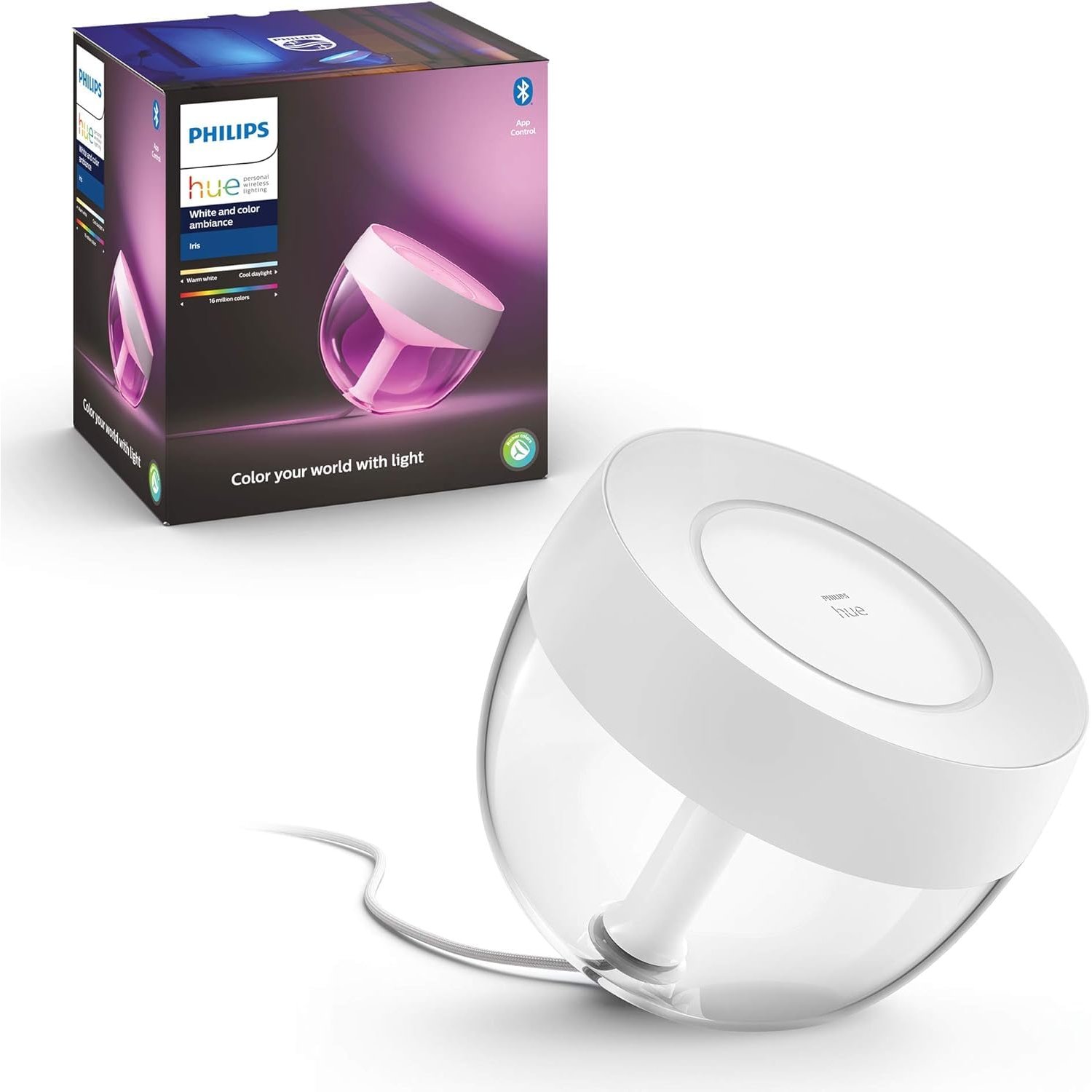 Philips Hue Iris Table Lamp - Durable LED Lighting - White and Coloured Light - White - Dimmable mood lamp - Connect to Hue Bluetooth or Bridge - Works with Alexa and Google Home