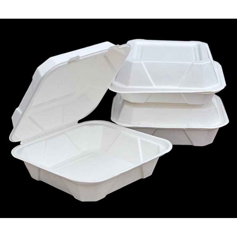 HOT BARGAINS 100 Pack Square Bagasse Meal Box, 9 x 9 inch (230 x 230 x 50mm), Biodegradable Clamshell Containers