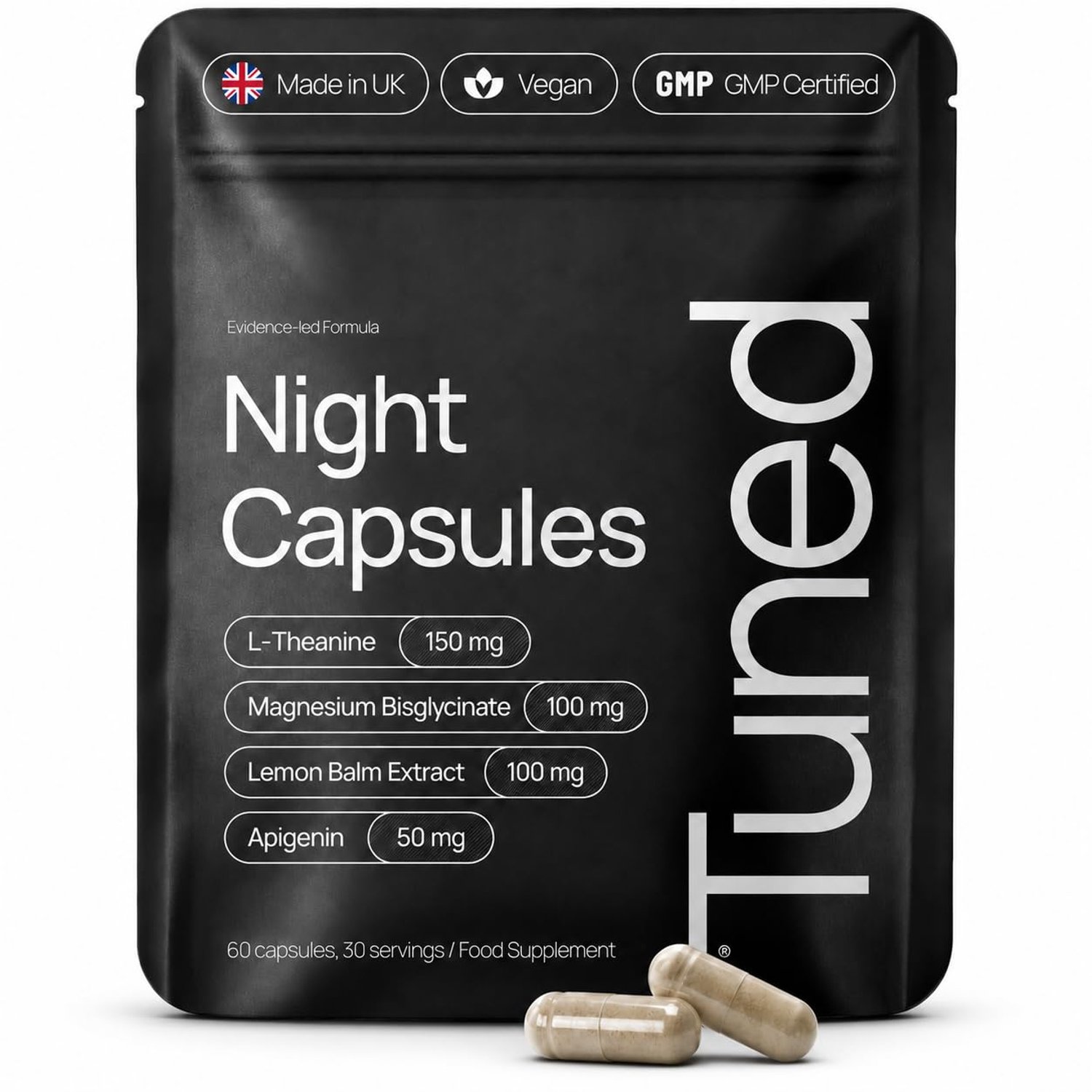 TUNED Night Capsules - Natural Sleep Supplement & Sleeping Aid for Adults with Magnesium Bisglycinate, L-Theanine & Apigenin - Non Melatonin Sleeping Tablets | UK Made GMP Certified