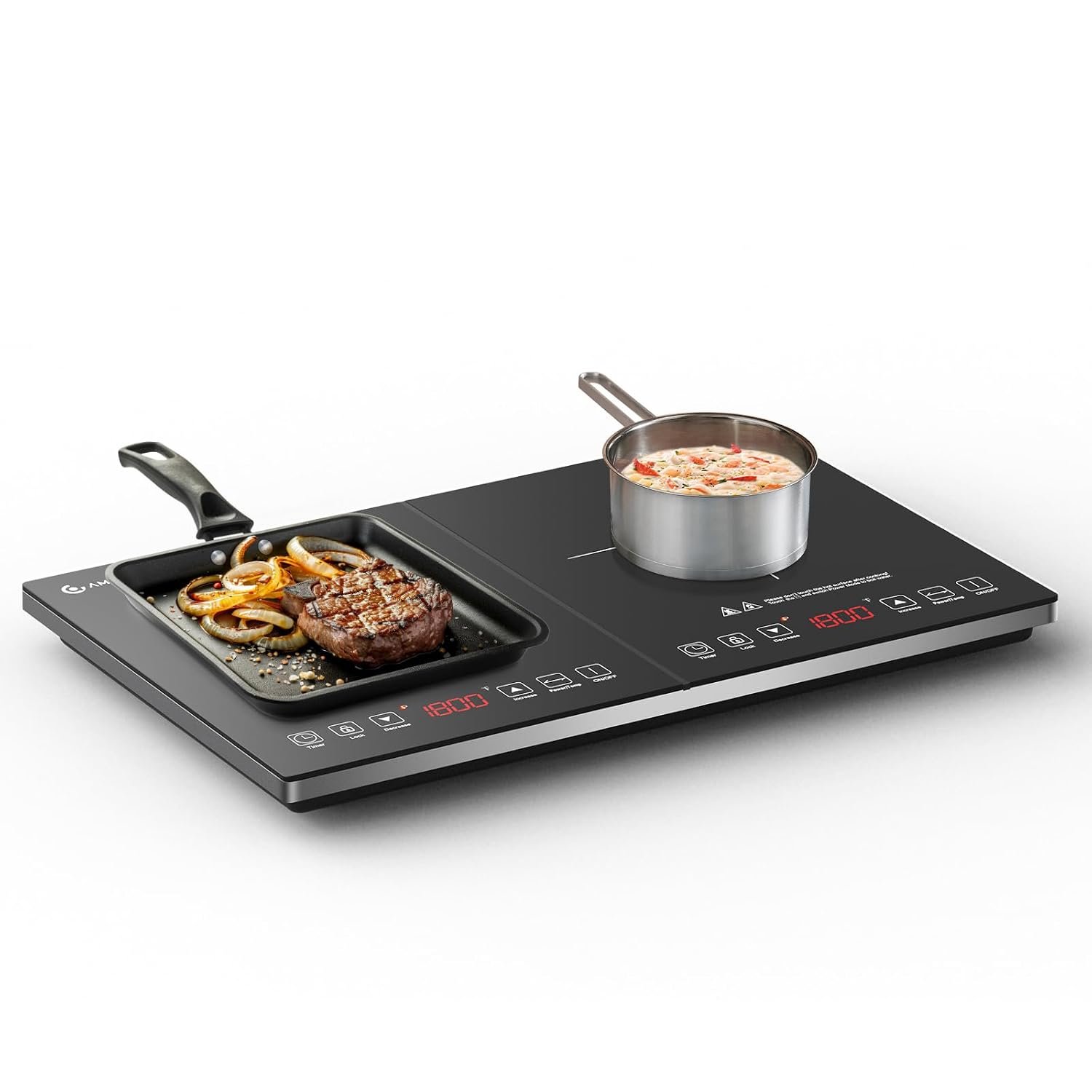 AMZCHEF Double Induction Hob, Portable Induction Cooker with Ultra-Thin Body, Independent Control, 10 Temperature Levels, Multiple Power Levels, 2800W, 3-Hour Timer, Safety Lock