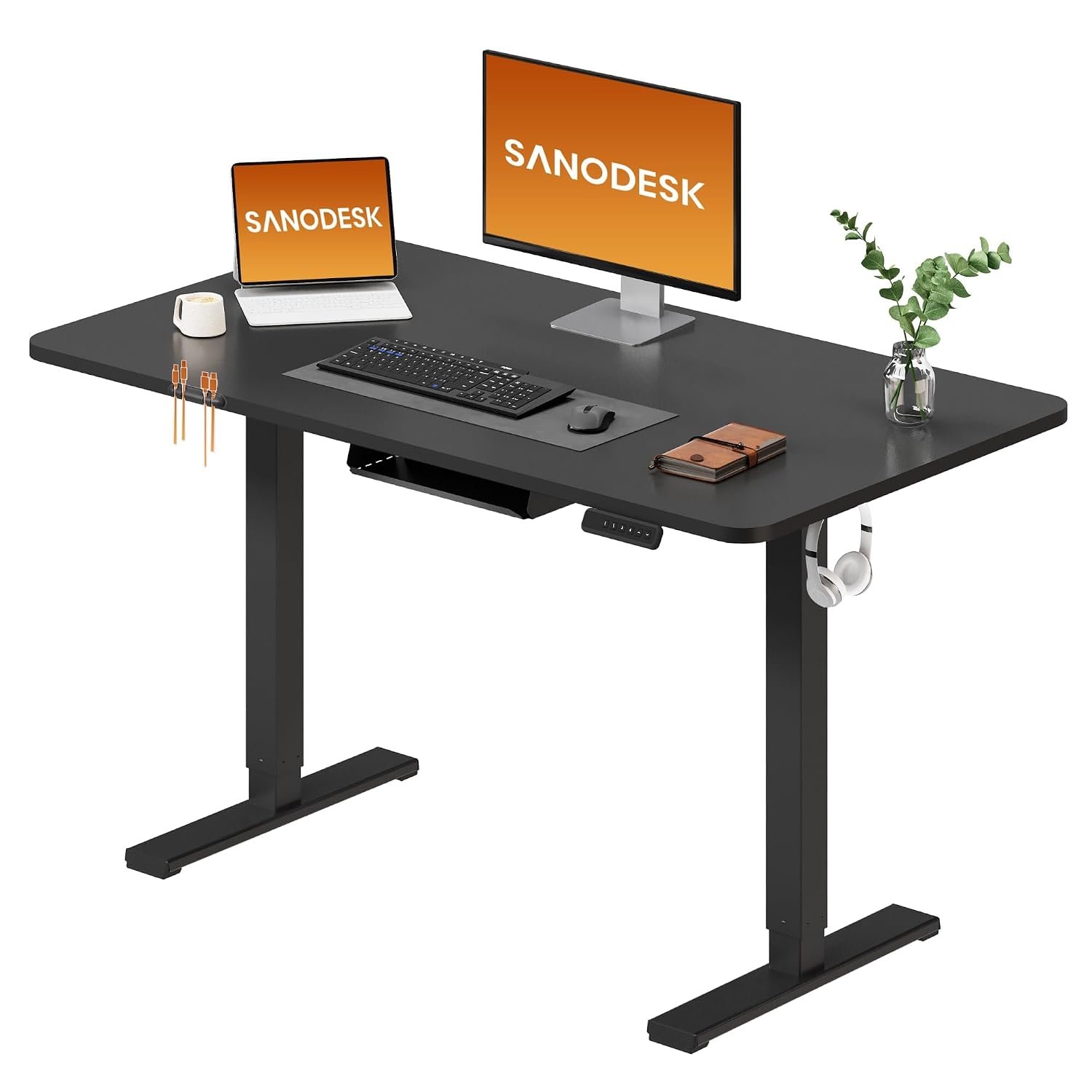 SANODESK Electric Standing Desk ONE PIECE 120 * 60 Height Adjustable Desk With Memory Smart Panel Sit Stand Table With for Home Office (Black Frame+Black Desktop