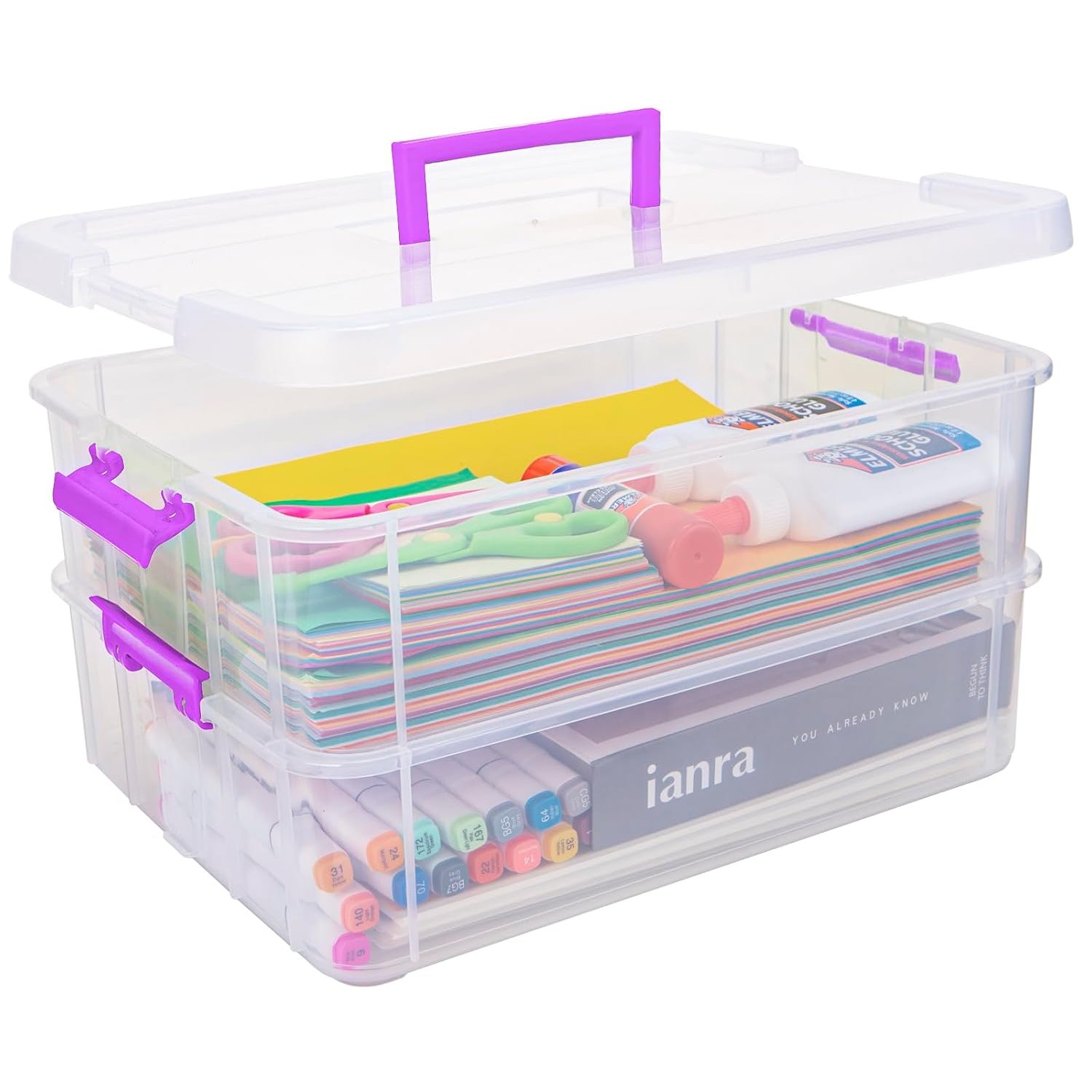 Creahaus 2 Layer Plastic Storage Containers with Lids, Multipurpose Clear Stack & Carry Box, Portable Craft Organizers and Storage Bin for Organizing Art Craft, Sewing, Building Blocks, Nail Supplies
