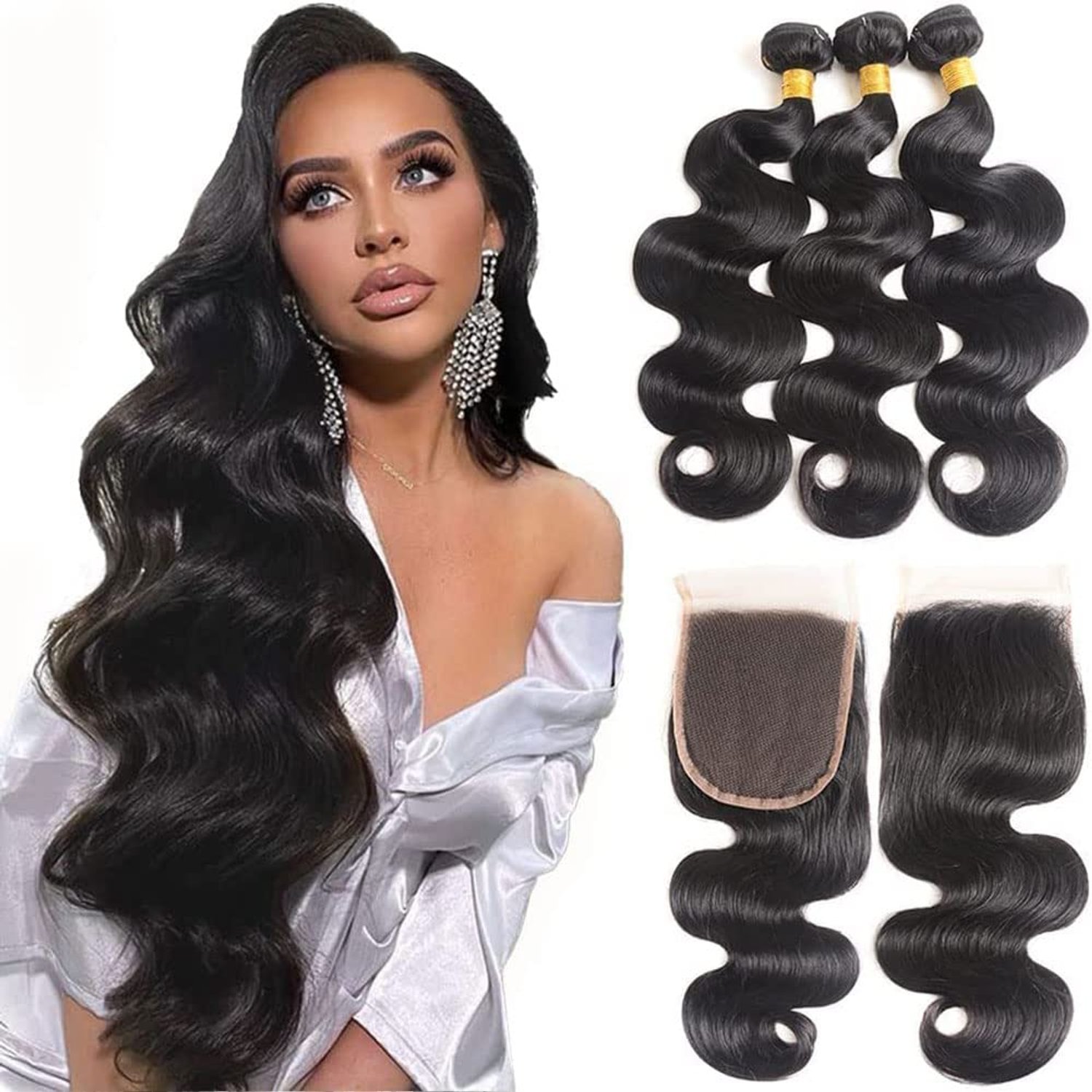 Vallbest Peruvian Bundles with Closure Wet and Wavy Bundles(14 16 18+12)100 Percent Unprocessed Virgin Human Hair 3 4x4 Lace Baby Free Part Body Wave Extensions