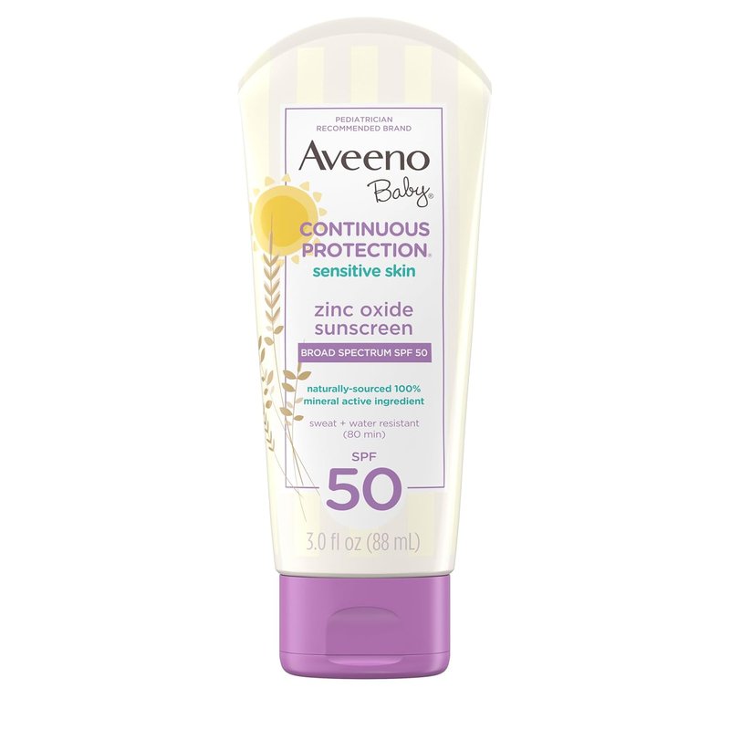 Aveeno Baby Continuous Protection Zinc Oxide Mineral Sunscreen Lotion for Sensitive Skin with Broad Spectrum SPF 50, Tear-Free, Sweat- & Water-Resistant, Travel-Size, 3 fl. Oz