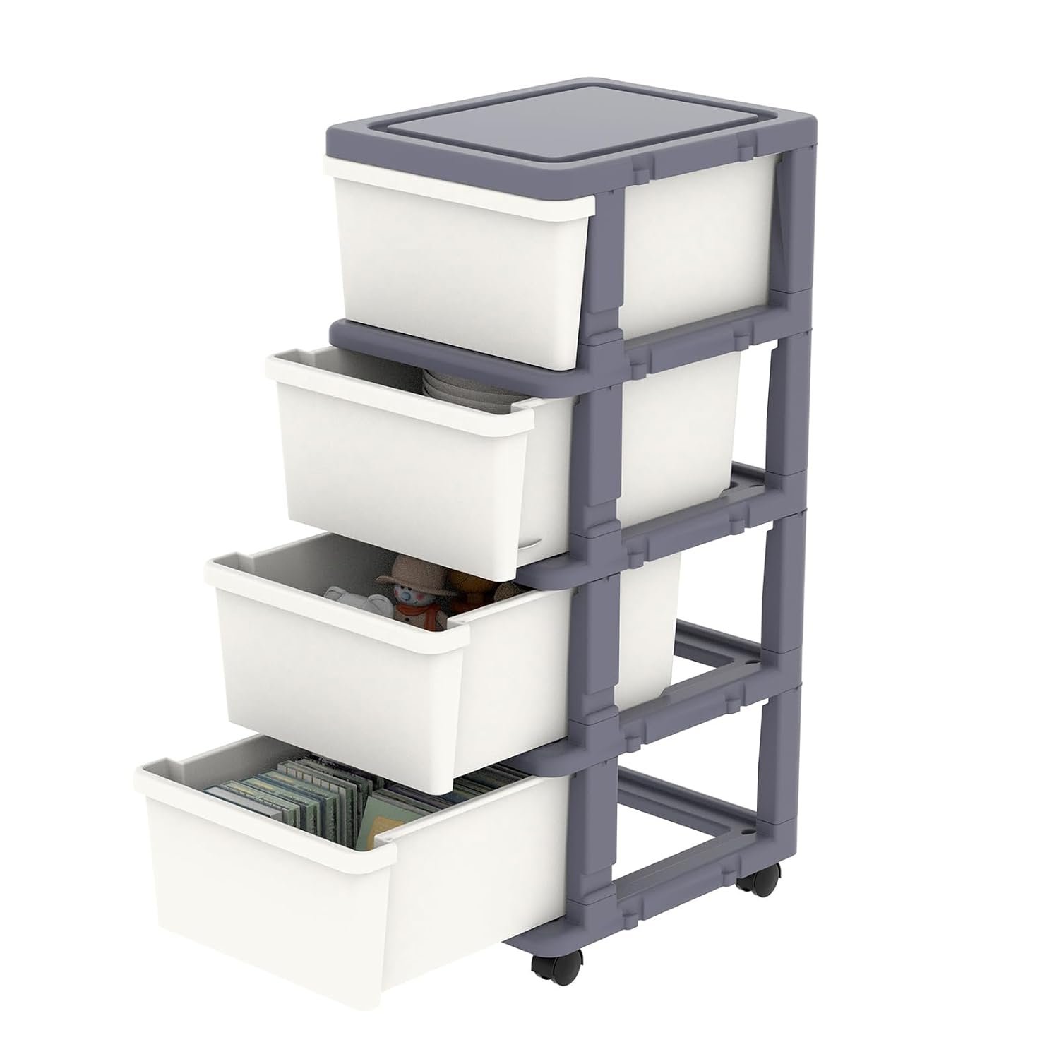 Cetomo Plastic Storage Drawers Unit, Storage Drawer on Locking Wheels, Tower with Interlocking Hooks for Home Office Closet Bedroom Dorm, Detachable, Free Combination, White and Gray, 4 Drawers