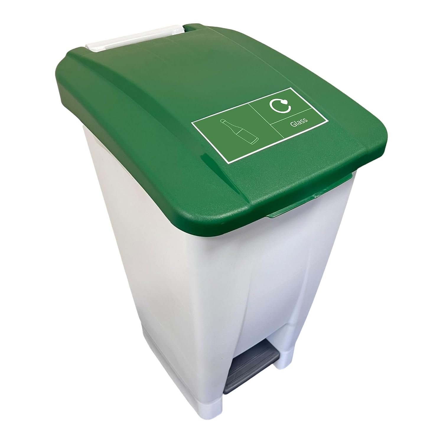 Chabrias Ltd 60 Litre Green & Glass Logo Bin With Pedal, Indoor Recycling Bin Container with Lid, Wheels & Handle, Heavy-Duty Plastic Recycling Solution for Home, Office, School, Commercial Use