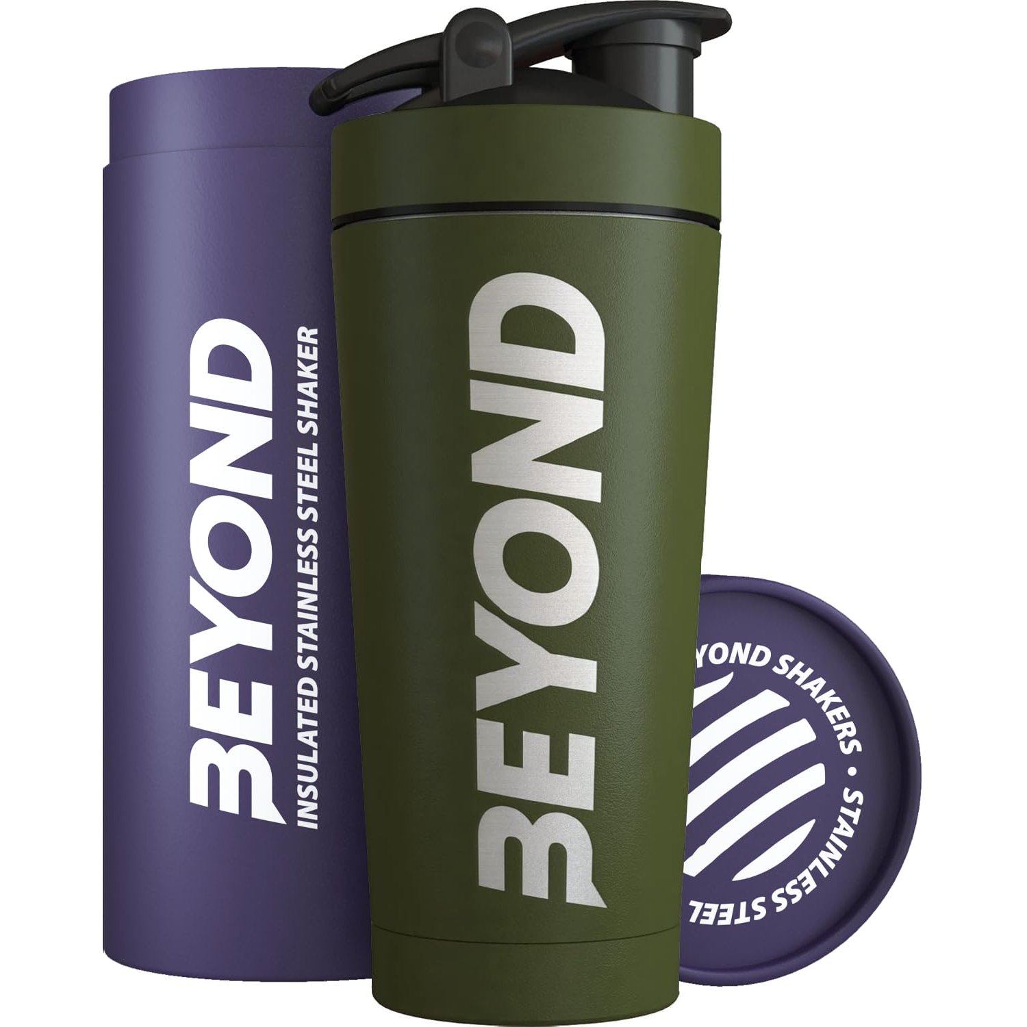 Beyond Shakers Insulated Metal Protein Shaker, Stainless Steel Supplement Bottle - BPA Free for Gym 735ml in Forest Green