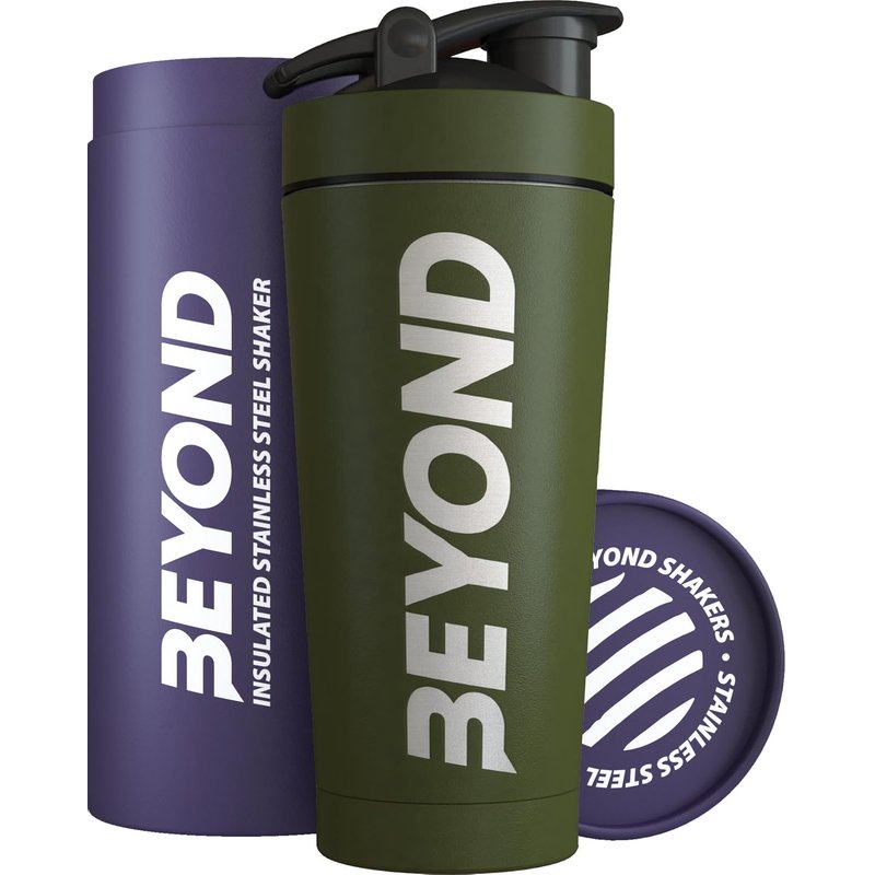Beyond Shakers Insulated Metal Protein Shaker, Stainless Steel Supplement Bottle - BPA Free for Gym 735ml in Forest Green