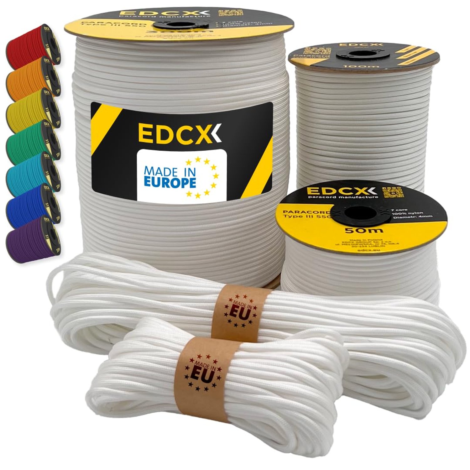 EdcX Paracord 4mm, 35+ Solid Colors (10m, 15m, 30m, 50m, 100m, 300m) | Ideal for Crafting, DIY, Camping, Survival, Outdoor | 100% Nylon Rope 4mm | Tactical Cord 550 Type III (White, 300 m)