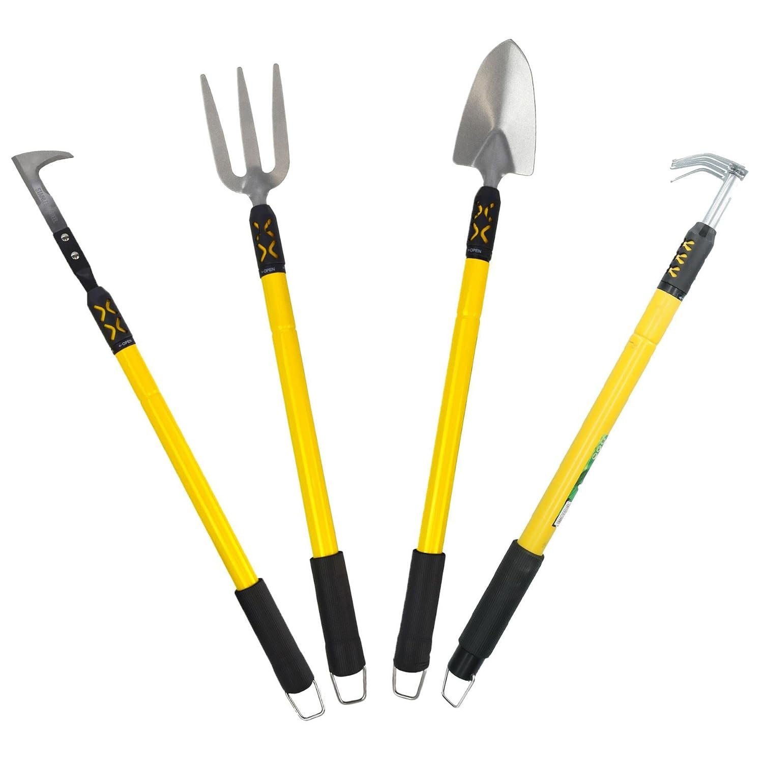 AB Tools 4PC Garden Fork, Rake, Weeder & Spade Shovel Telescopic Extendable 25" - 37"