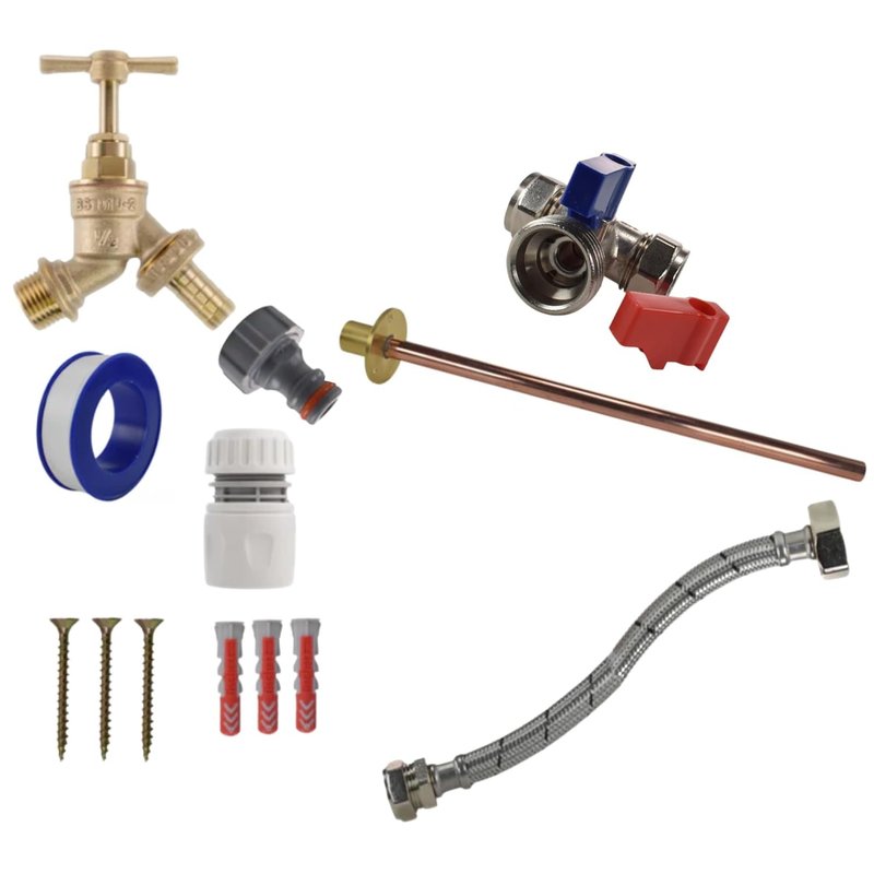 MYPURECORE Complete Outdoor Tap Kit – Brass Garden Bib Tap with Wall Plate, Isolating Tee, PTFE & Fixings – DIY Outside Tap Installation Kit for Hose, Jet Wash, Garden Water Access