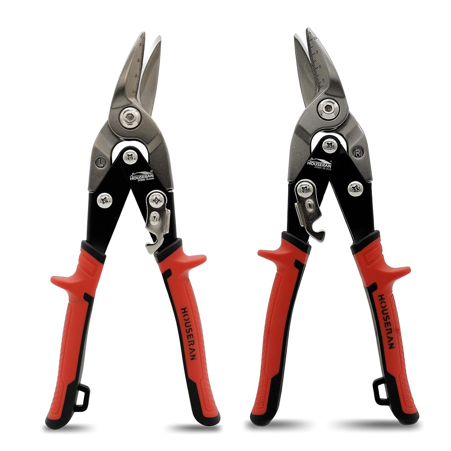 HOUSERAN 10 Inch Aviation Tin Snips Set of 2, Left and Right Cut Offset Heavy Duty Metal Cutters, CR-MO Steel Shears with Double Lever, Scale Markings & Safety Latch, Scissors for Cutting Metal Sheet