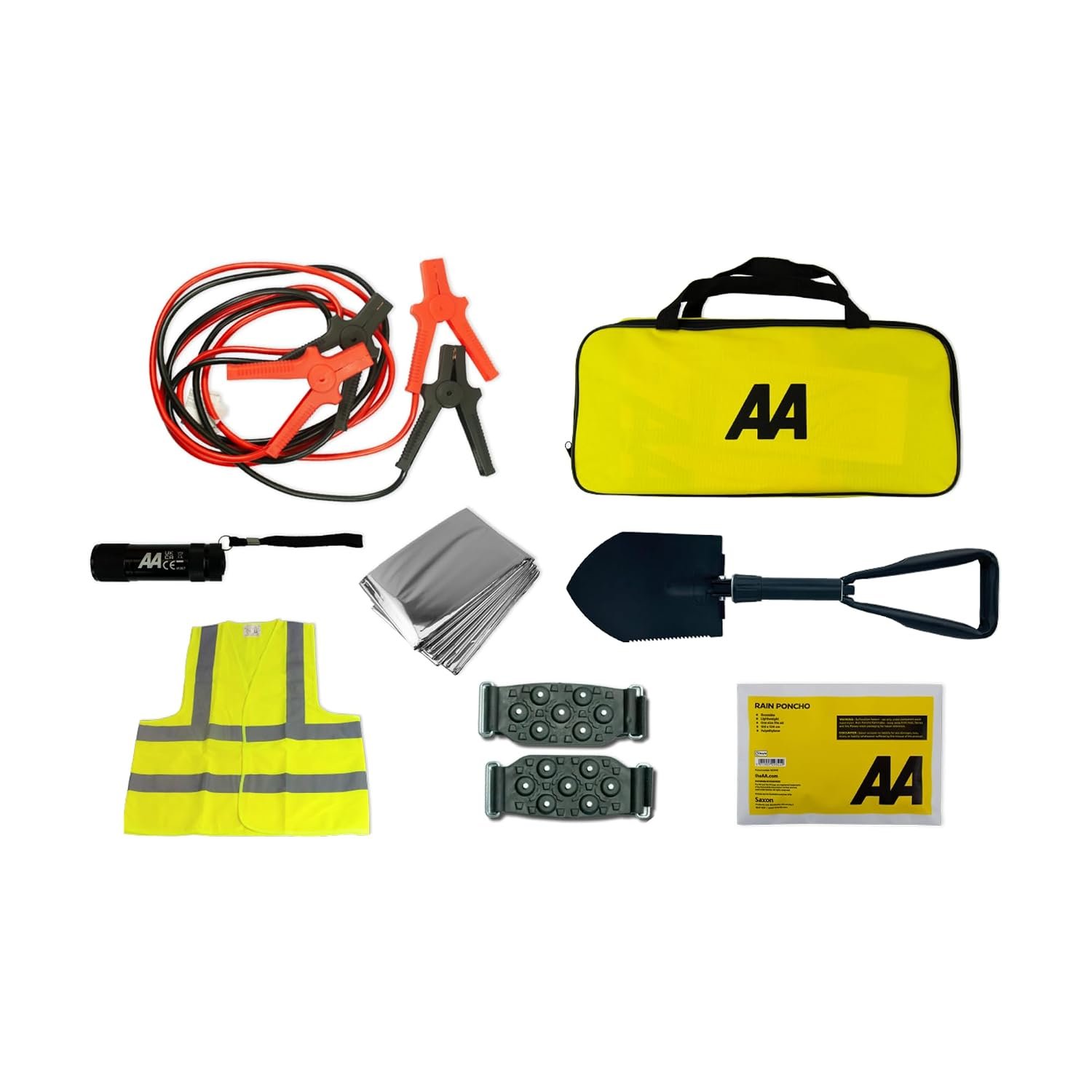 AA Emergency Winter Car Kit AA5281 - Folding Snow Shovel, 9-LED Torch, Foil Blanket, Hi-Vis Vest, Rain Poncho, Booster Cables, Pair Snow Grips