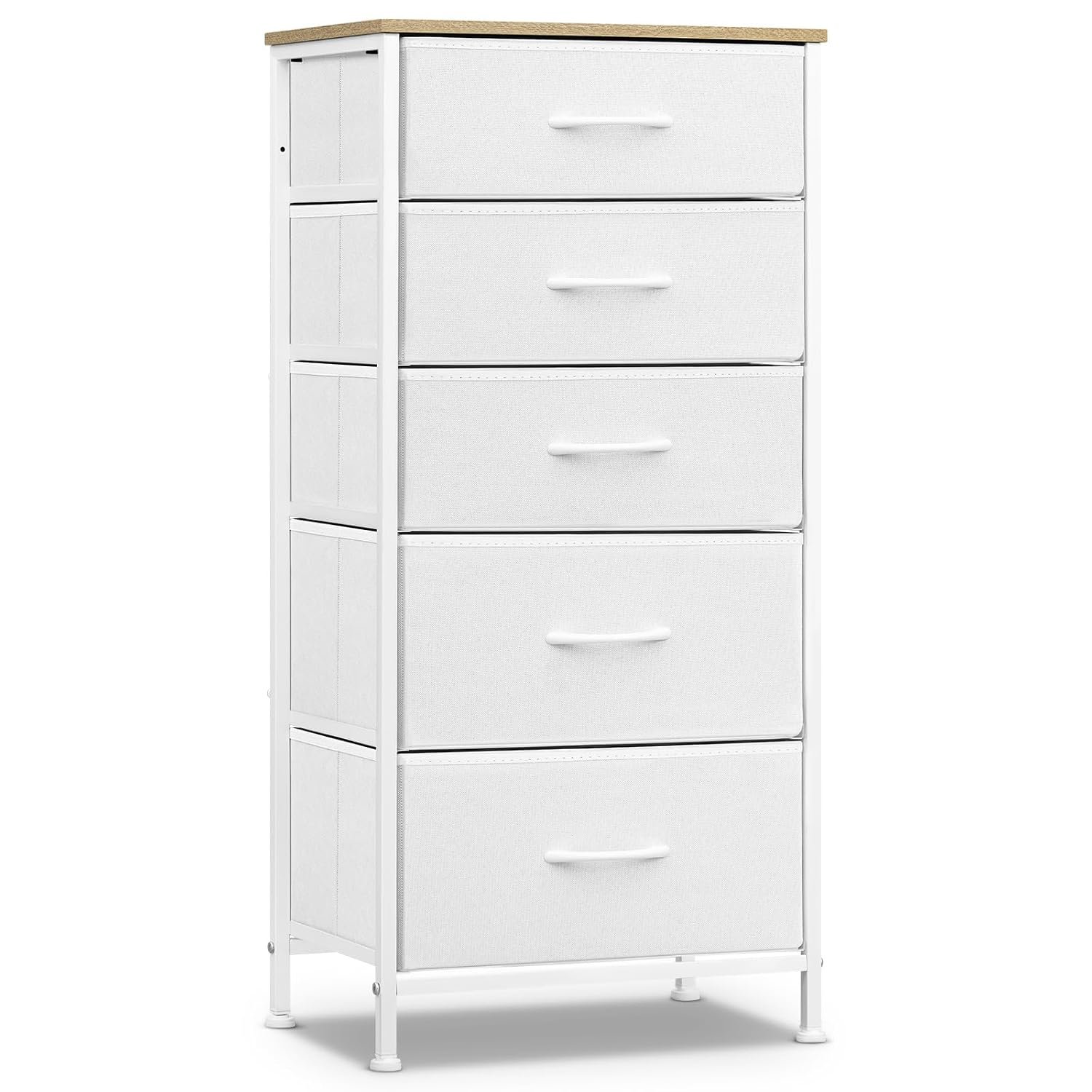 WOLTU Fabric Bedroom Chest of Drawers, 5 Drawer Chest of Drawers, Hallway, Bedroom, Living Room, Cloud White + Beige Oak