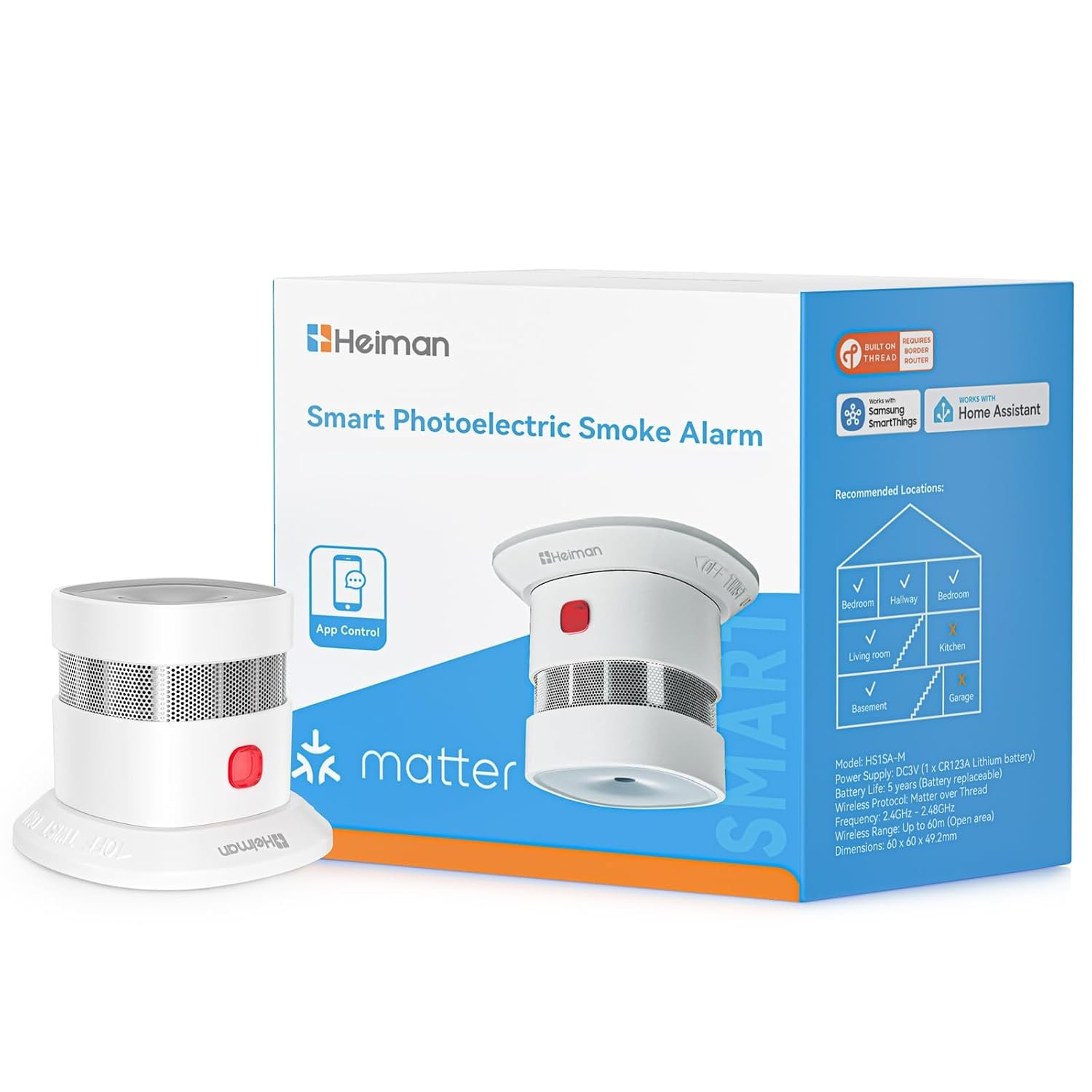 Heiman Matter Smoke Alarms for Home, HS1SA-M Fire Alarm Battery Operated, Smart Smoke Detector for Apple Home, Home Assistant, EN 14604 UKCA Certified, With Magnetic Mount
