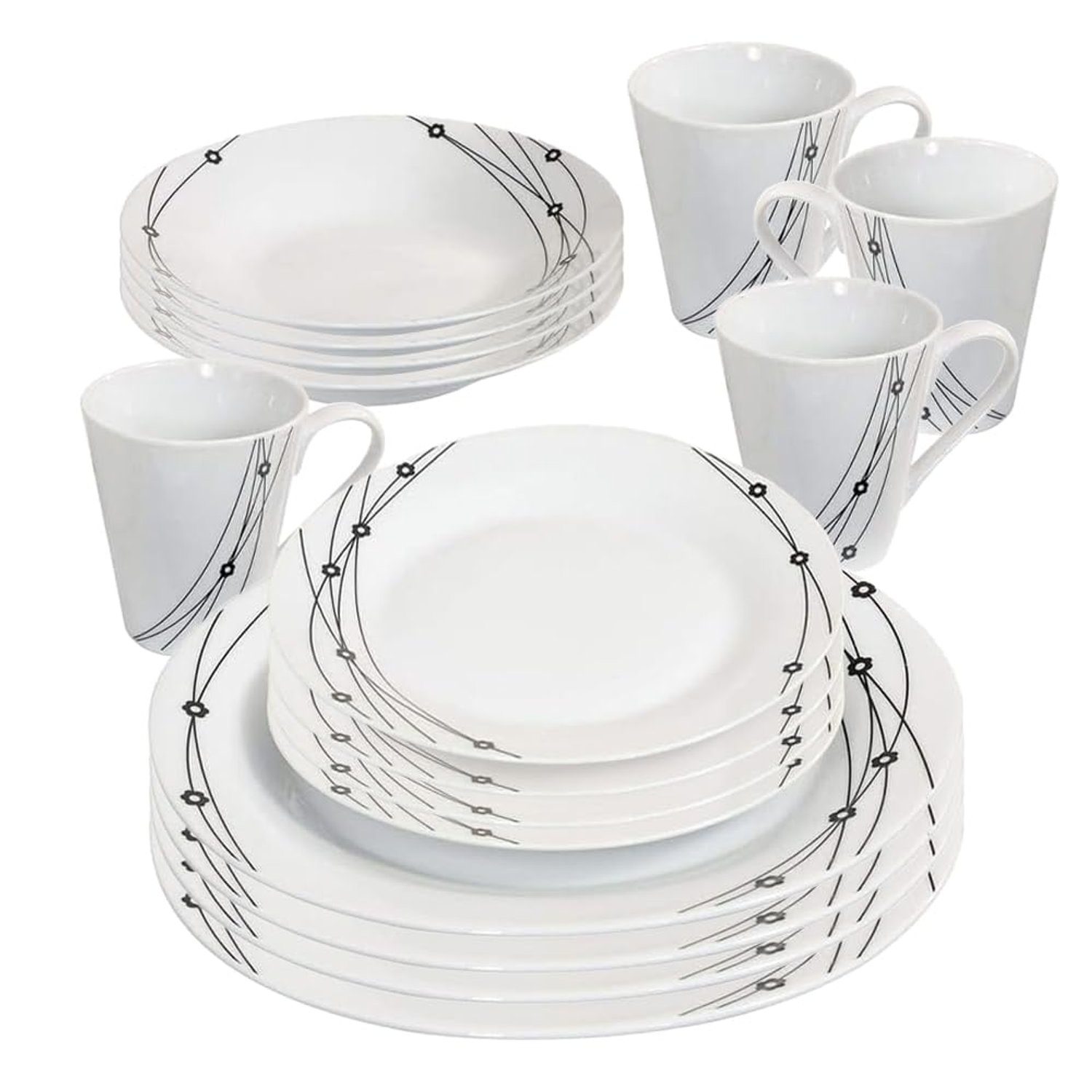 16PC Dinner Set Bowl Plate Mug Soup Side Porcelain Cup Gift Kitchen Service New (Black Patterns)