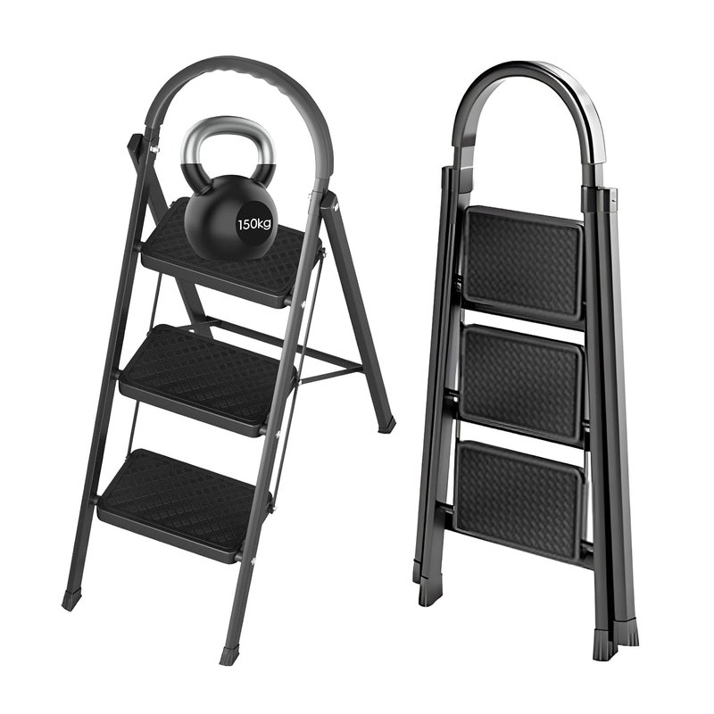 Folding 3 Step Ladder, Durable Steel, Non-Slip Feet and Steps Support 150 KG Capacity, Lightweight, Easy to Store, Ideal for DIY, Decorating, Home Use and RV Outdoor Work (Black)