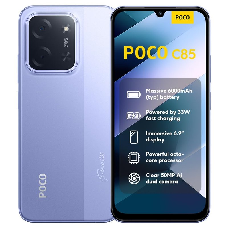 XIAOMI POCO C85, Smartphone 8+256GB, 6.9" 120Hz Display 7.99mm Design, MediaTek Helio G81-Ultra Octa-core, 50MP AI dual camera, 6000mAh, Purple, Charger Not Included