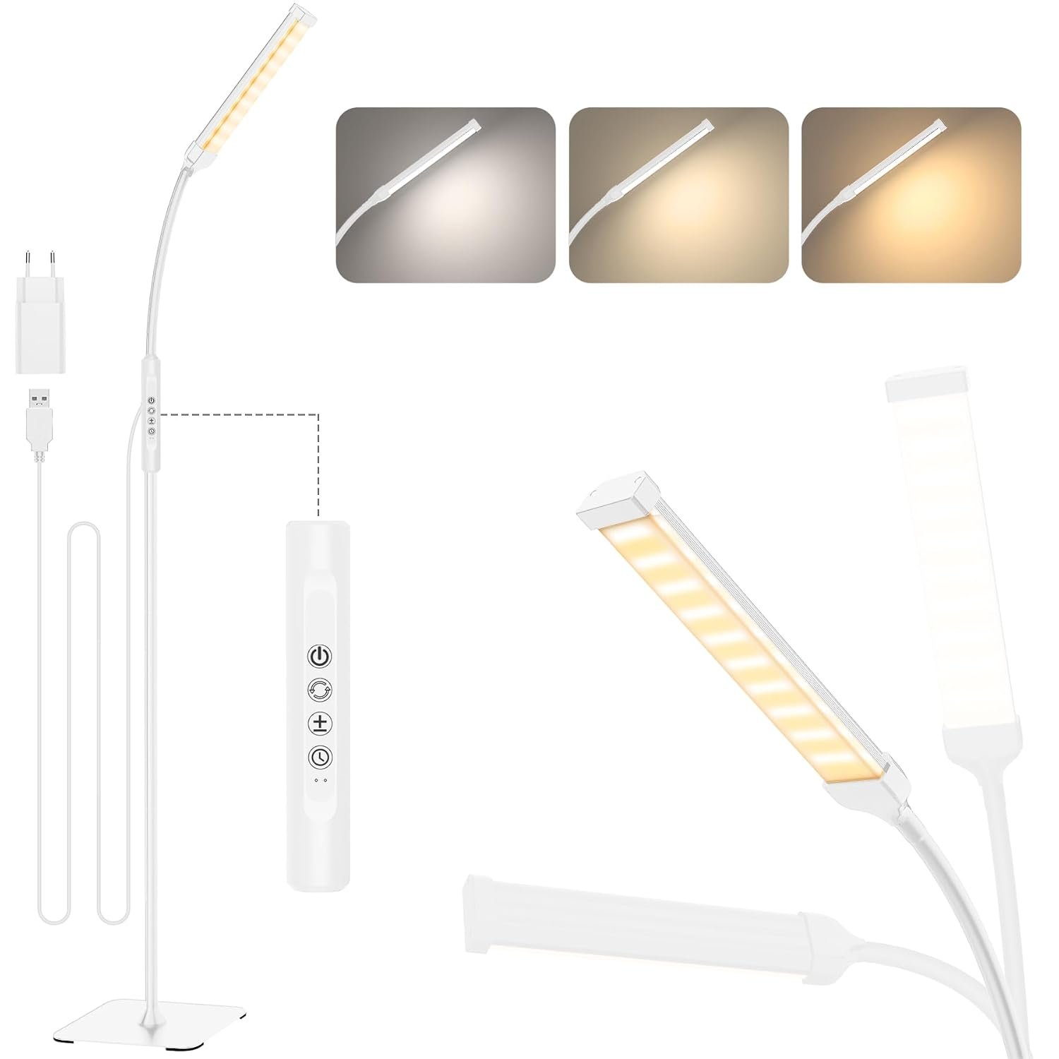 Mojimdo LED Floor Lamp, Touch Control Bright Floor Lamps, Dimmable 3 Color Modes&10 Brightness Standing Lamp, Flexible Arm Reading Lamp for Living Room Bedroom Office-10W USB Adapter Included