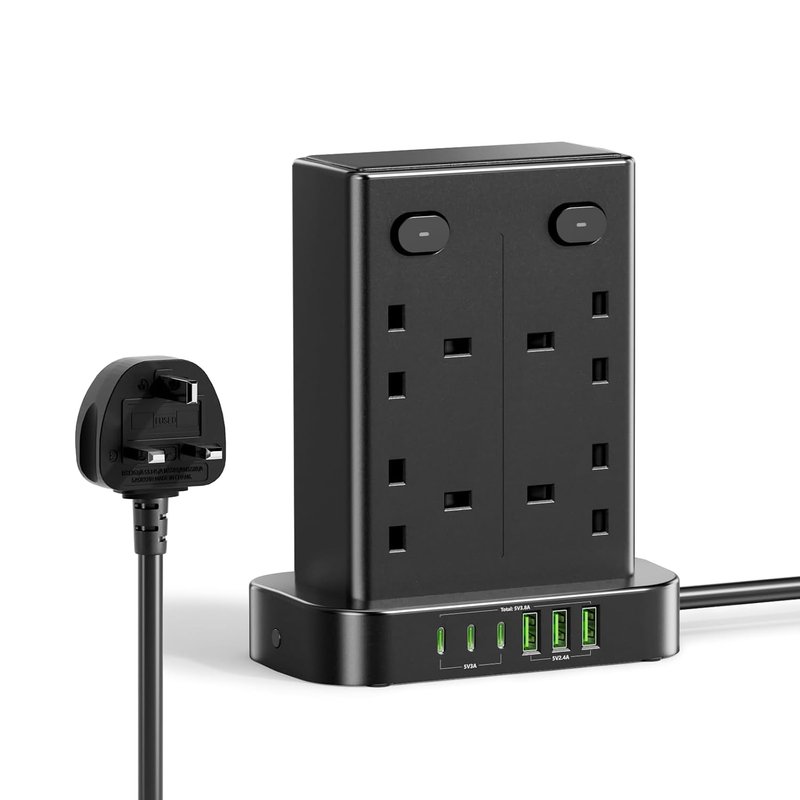Tower Extension Lead, 8 Way Multi Plug Tower with 6 USB Ports, 1.8M Extension Cable with 4 Independent Switches, Overload Protection Plug Extension Socket 13A 3250W Power Strip Tower for Home Office