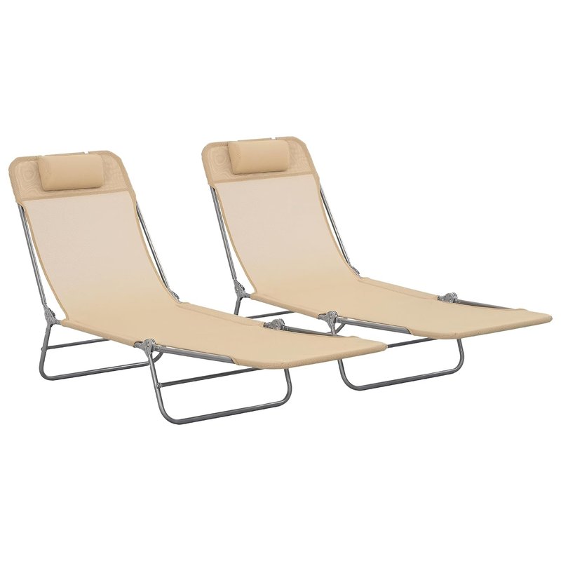 Outsunny Folding Sun Loungers for Garden Set of 2, Texteline Reclining Sun Bed with 5 Position Adjustable Backrest, Headrest, Portable Garden Lounger Recliner Chair for Beach, Patio, Camp, Brown