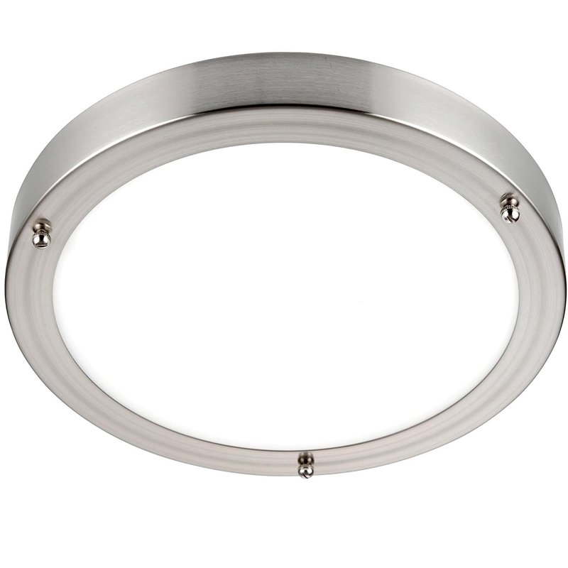 National Lighting Portico IP44 Rated Flush Round Satin Nickel 300mm Disc LED Bathroom Ceiling Light Fitting with Frosted Glass Shade Zone 2