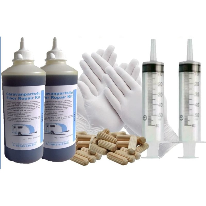 Caravan Spongy Floor Delamination One Shot Poly Glue 2 pairs of Gloves + 60 dowels & 2 x Syringes