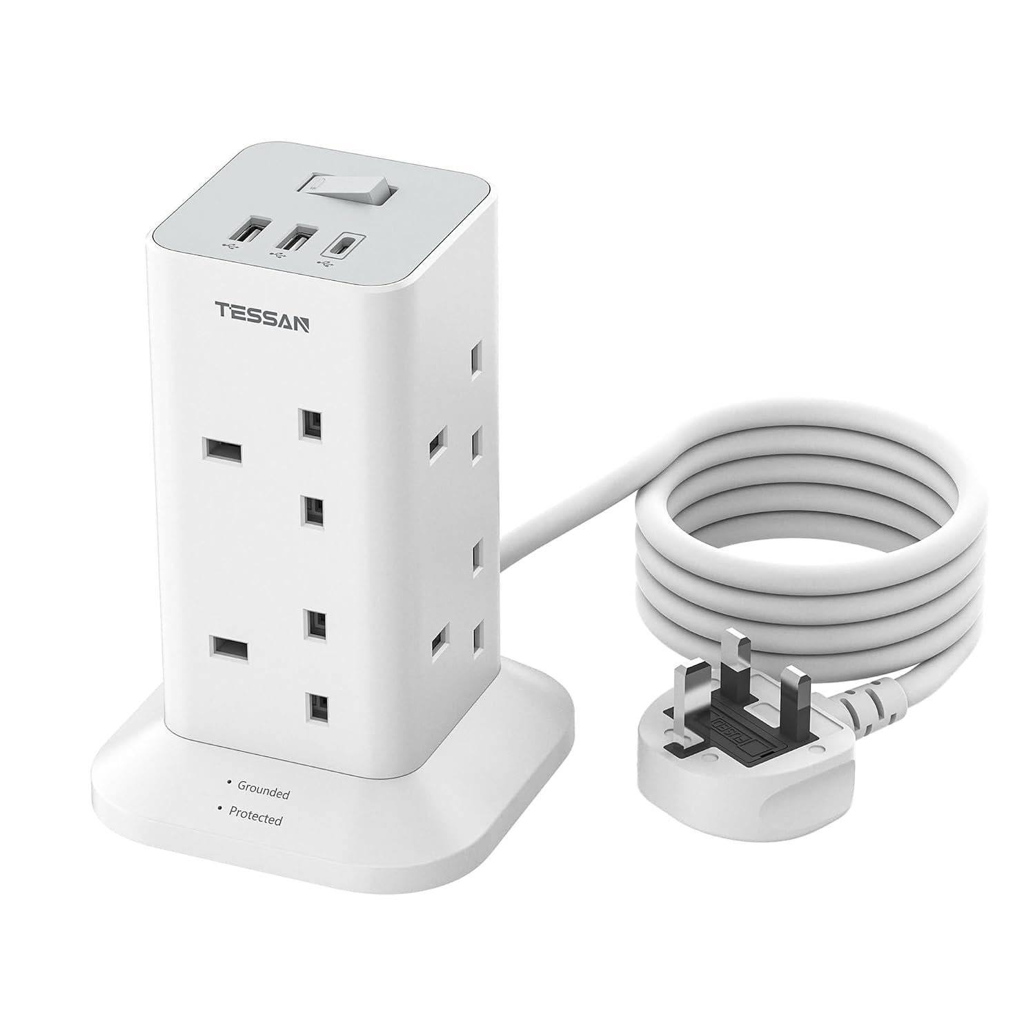 TESSAN Tower Extension Lead with USB C Slots, 8 Way Plug Extension Socket with Switch, Surge Protected Power Strip with 2M Cable for Home, School Supplies