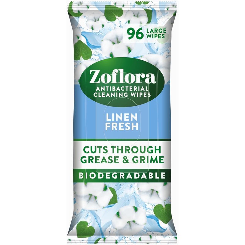 Zoflora Linen Fresh Biodegradable Wipes, Antibacterial Multi-Surface Cleaning Wipes, Kills 99,9% Of Bacteria & Viruses, Convenient, Quick Cleaning, 1 Pack (96 Sheets)
