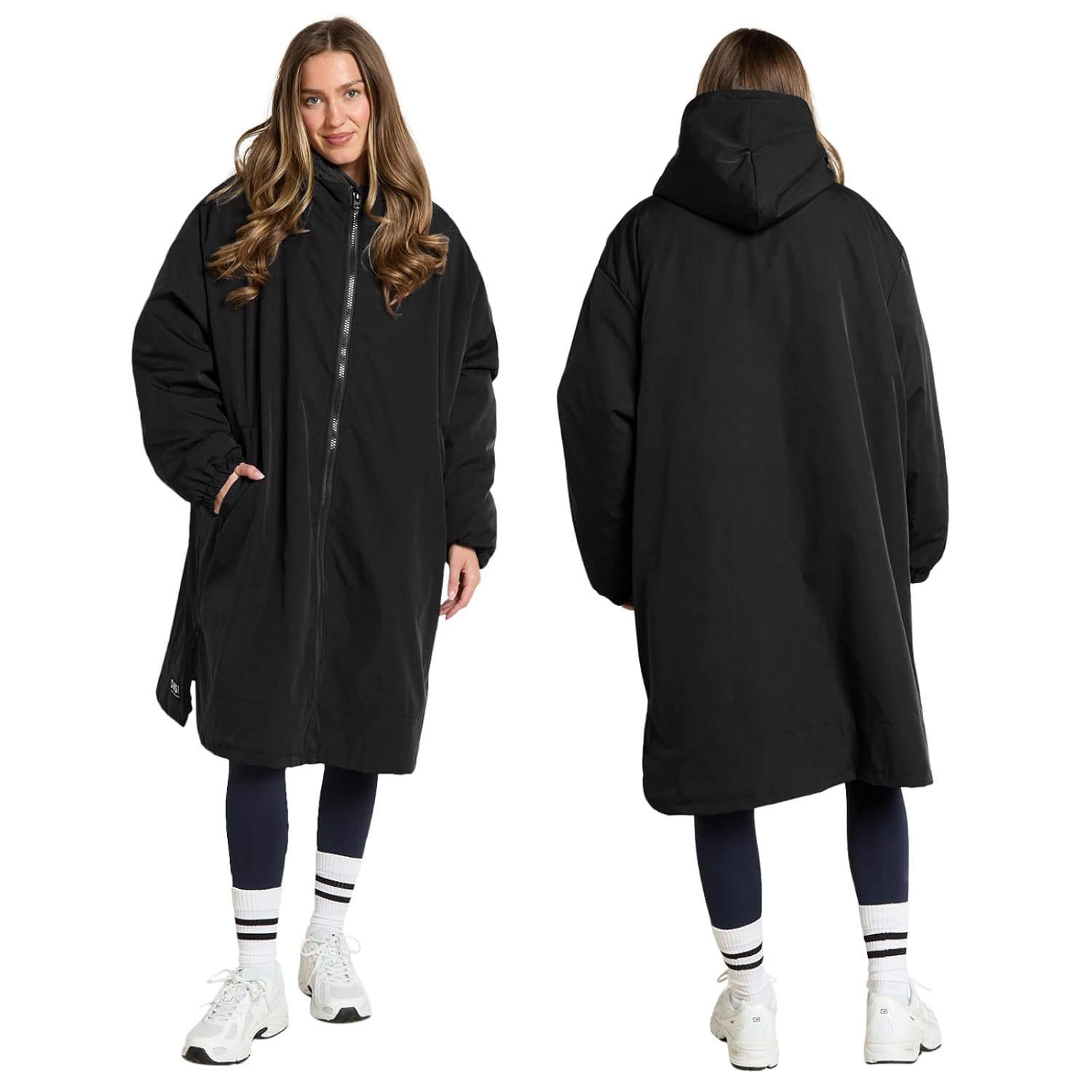 OHS Dry Robes Adult Womens Men, Oversized Waterproof Jacket Fleece Lining Rain Coats for Women Changing Robe with Hood & Pockets Lightweight Ladies jackets Dry Robe for Outdoor Travel, Black - S/M