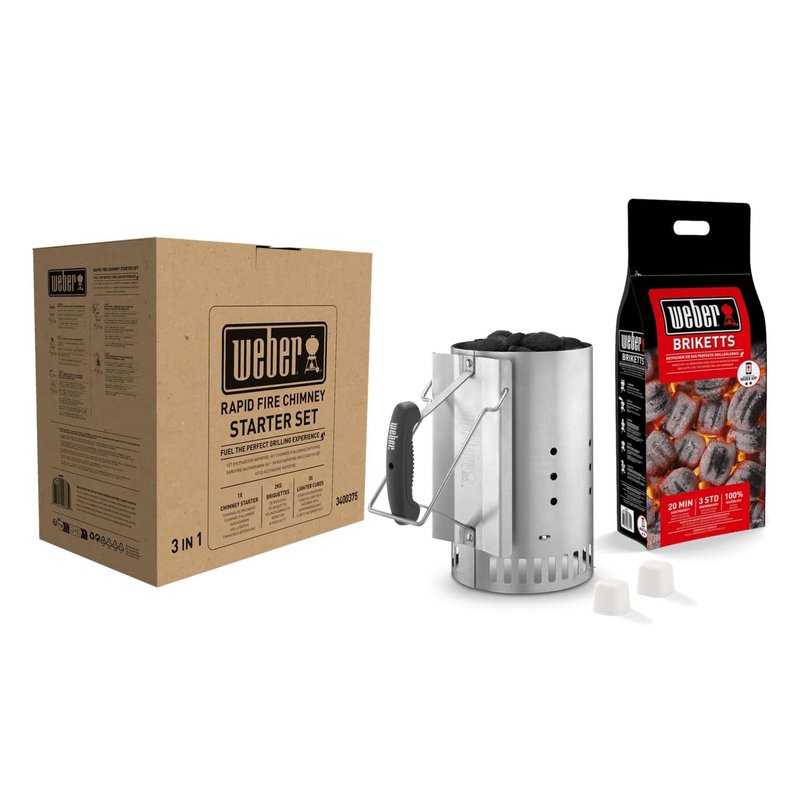 Weber Rapidfire Chimney Starter Set for Charcoal Barbecues / 3-Piece BBQ Accessory Set, Includes Rapidfire Chimney Starter, 2 kg Charcoal Briquettes & 2 Lighter Cubes