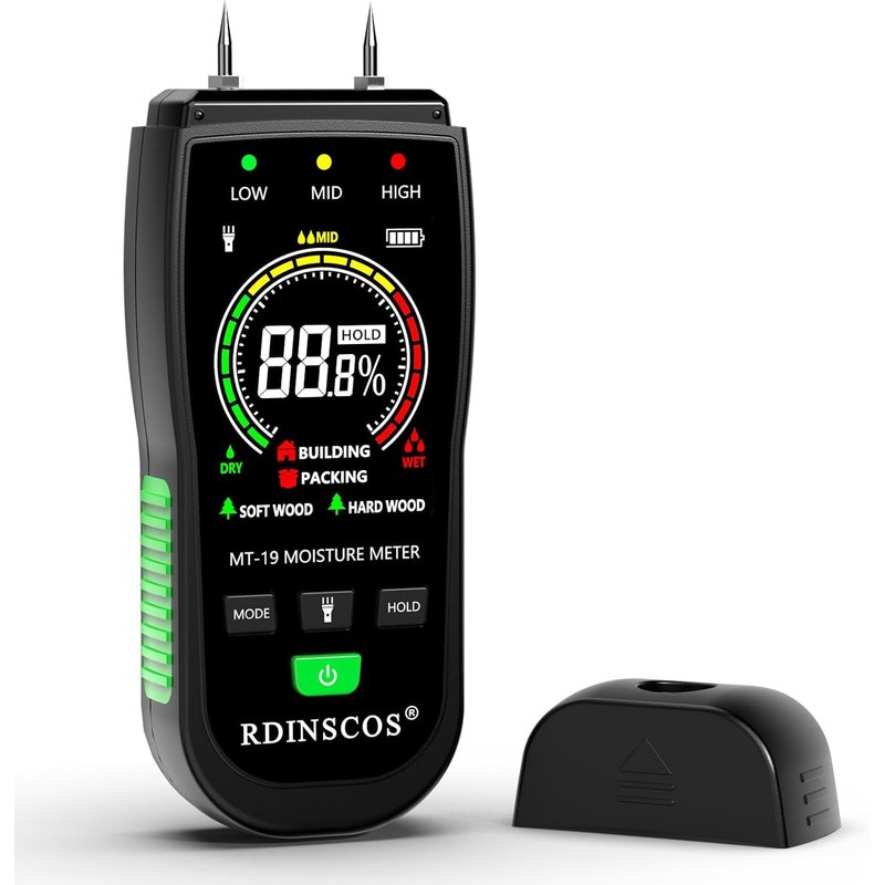 RDINSCOS 3-in-1 Pin Type Damp Meter for Walls & Building Materials, Backlight Moisture Meter for Wood with Audible Alert, Moisture Detector Tester with Replaceable Pins, Batteries & Pouch (MT19C)