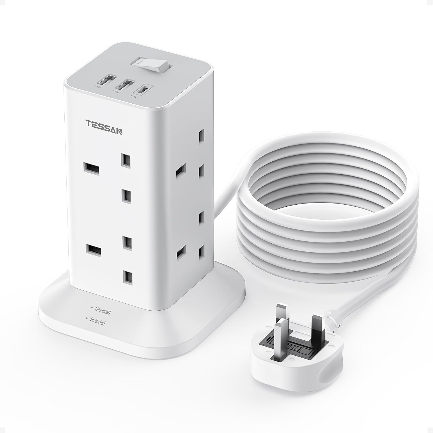 TESSAN Tower Extension Lead 3M with 3 USB Slots, Extension Cable 8 Way Multi Socket Plug with Switch, Surge Protected Power Strip for Home, Office, Kitchen Supplies