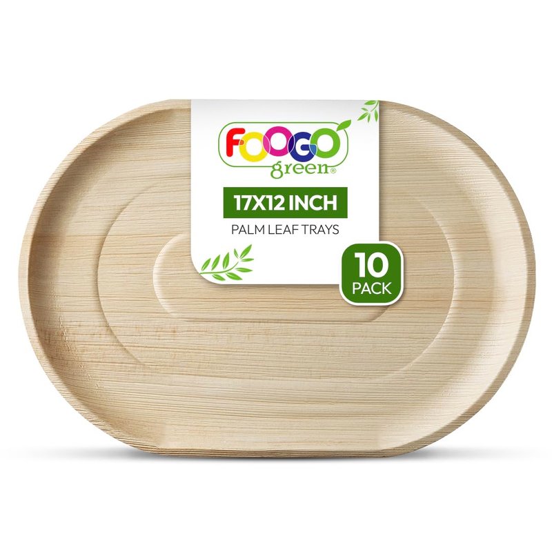 FOOGO Green 10 Disposable Palm Leaf Serving Trays, Large Oval 17"x12" (43cmx30cm), for Platters Starters, Canape, Charcuterie Board, Eco-Friendly and Sturdy Like Wooden Hot Food Trays