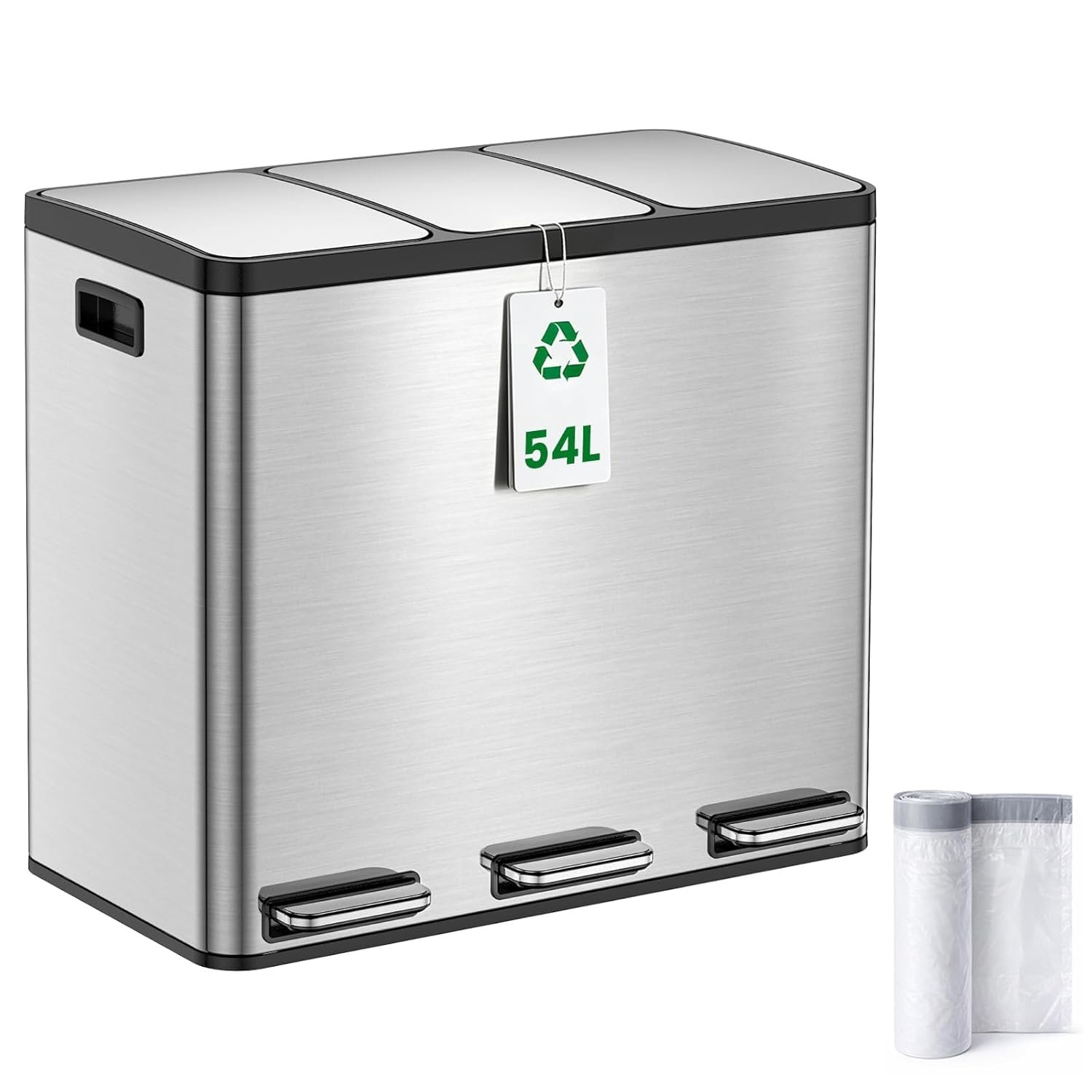Kitchen Bin, 3 x 18 L Recycling Bin, 3 Compartment Rubbish Bin for Recycling and Waste, Soft-Close Lids, Pedals, Inner Buckets, Steel, Stainless Steel Pedal Bin Trash Can with 15 Liners, Matte Silver