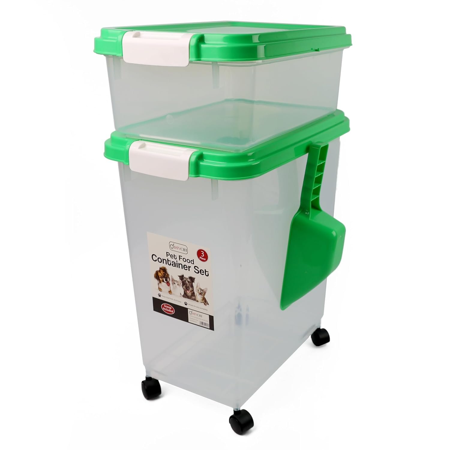 DIVCHI 3-Piece Airtight Pet Food Storage Container With Plastic Measuring Scoop Treats For Pet Dog Cat Animal Dry Food Dispenser With Casters Wheels (GREEN)